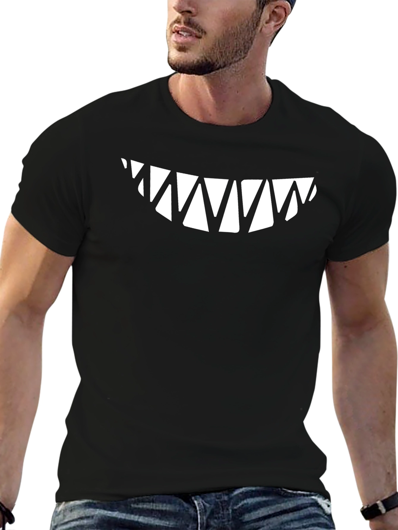 Black Men's Black T-Shirt with Sharp Teeth Graphic view 6