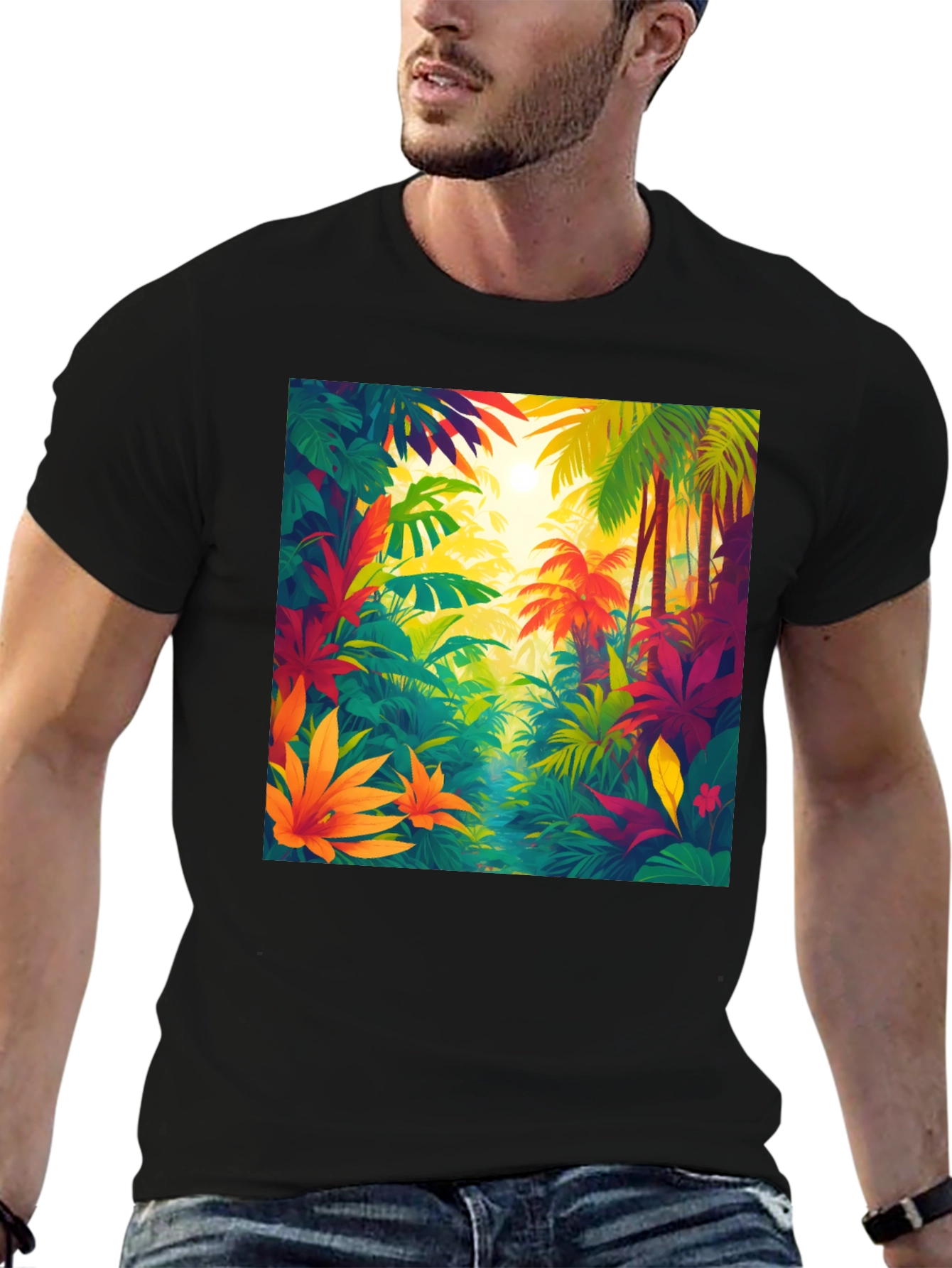 Black Tropical Jungle T-Shirt: Vibrant Nature Design view 6