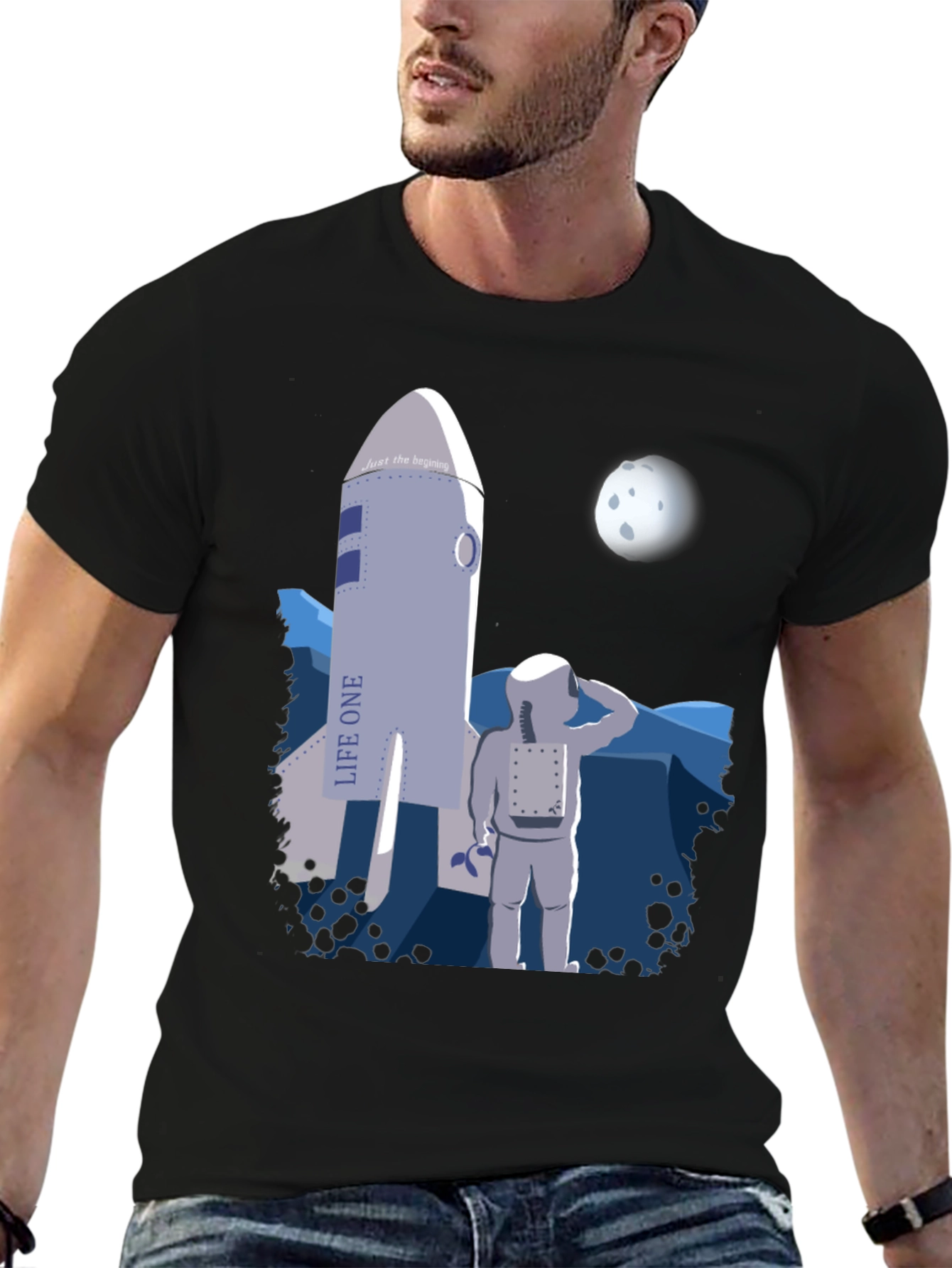 Black Astronaut & Rocket Graphic T-Shirt - Space Adventure Tee view 6
