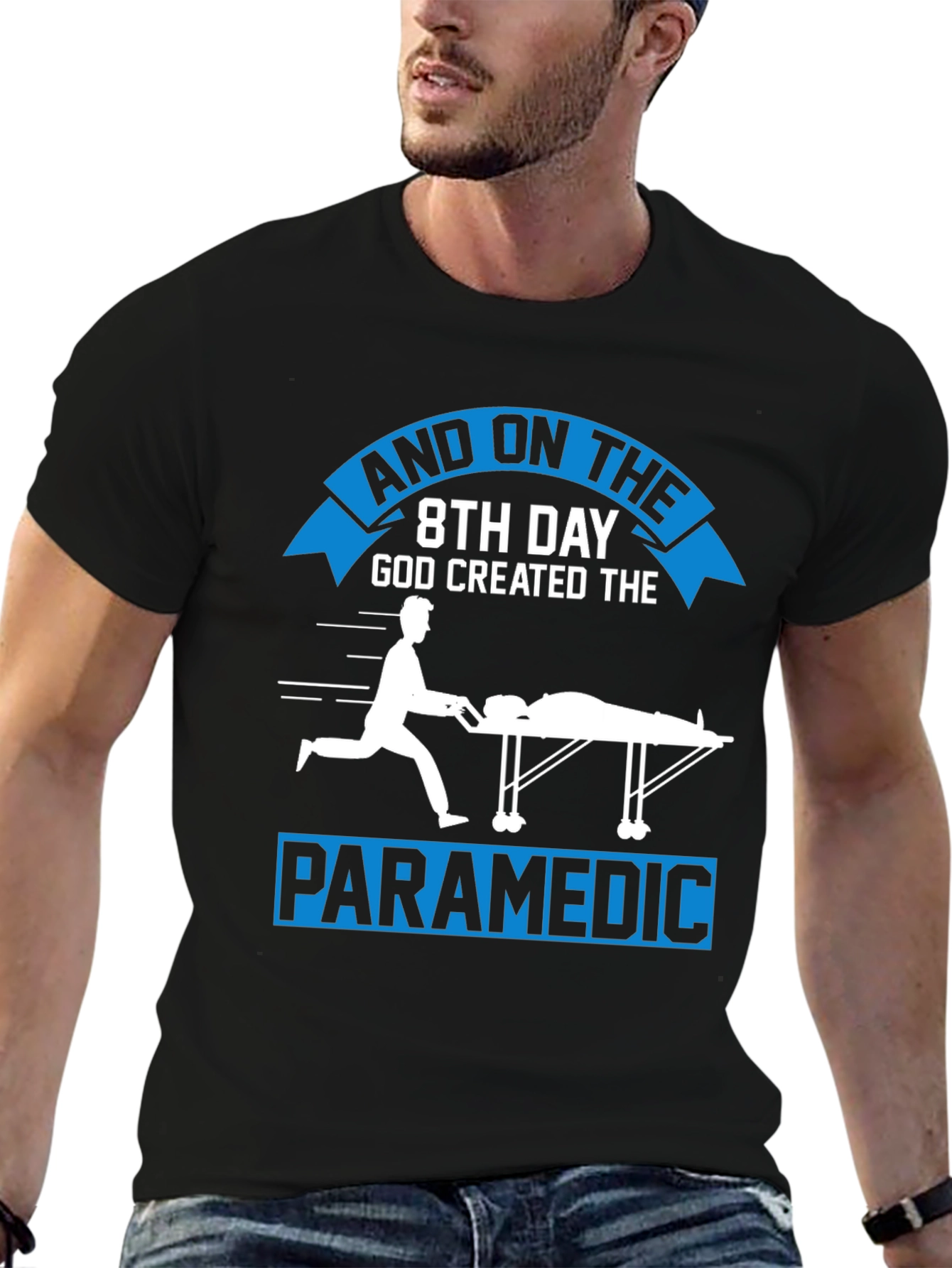 Black Paramedic Graphic Tee - "8th Day God Created" Design view 6