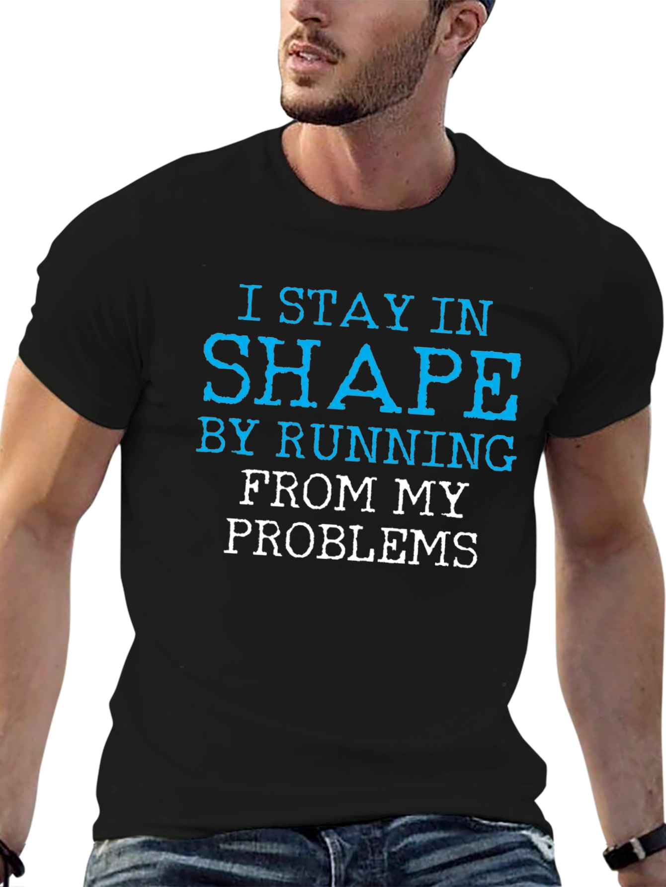 Black Funny Slogan T-Shirt: I Stay in Shape by Running view 6