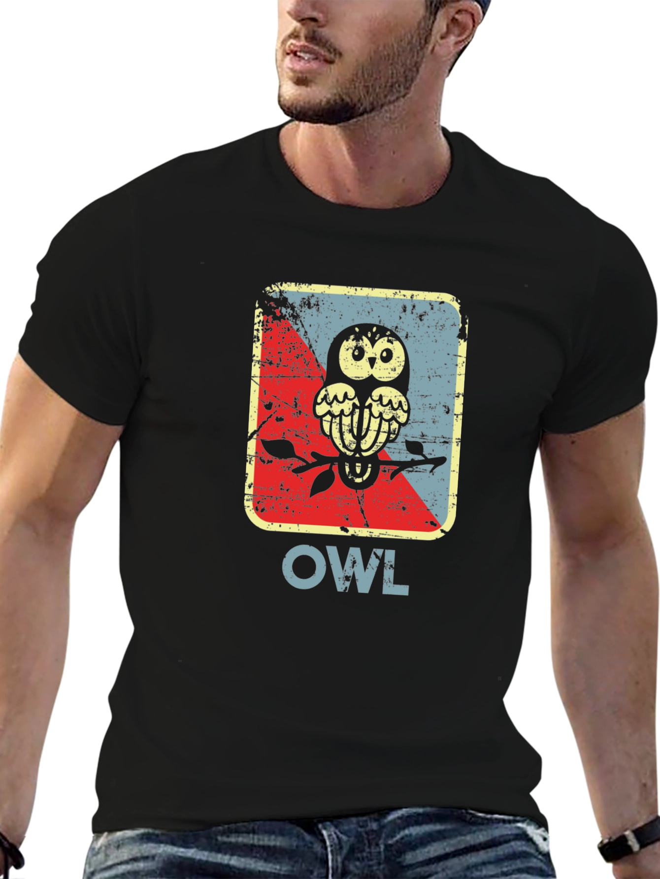 Black Vintage Owl Graphic Tee - Unique Bird Design view 6