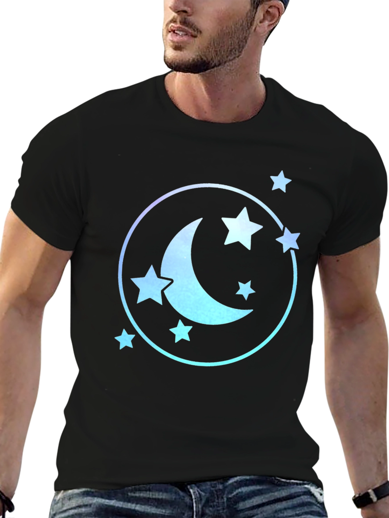 Black Celestial Moon & Stars Graphic Tee - Black Cotton Blend view 6