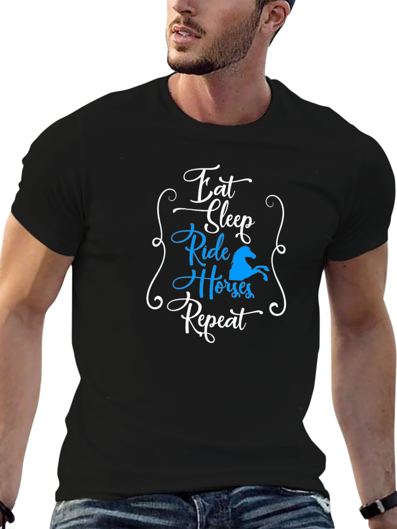 Black Eat Sleep Ride Horses Repeat T-Shirt view 6