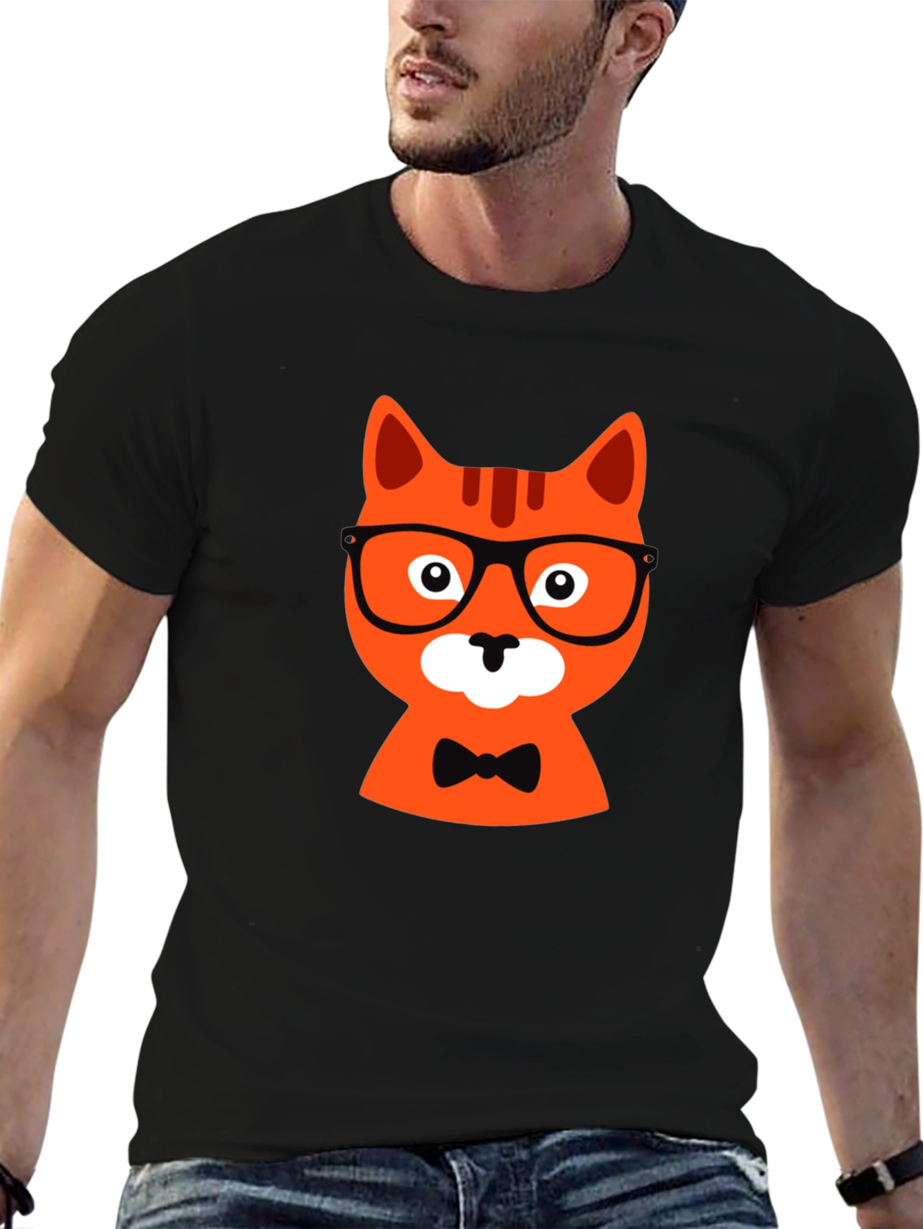 Black Black T-Shirt with Hipster Cat Graphic view 6