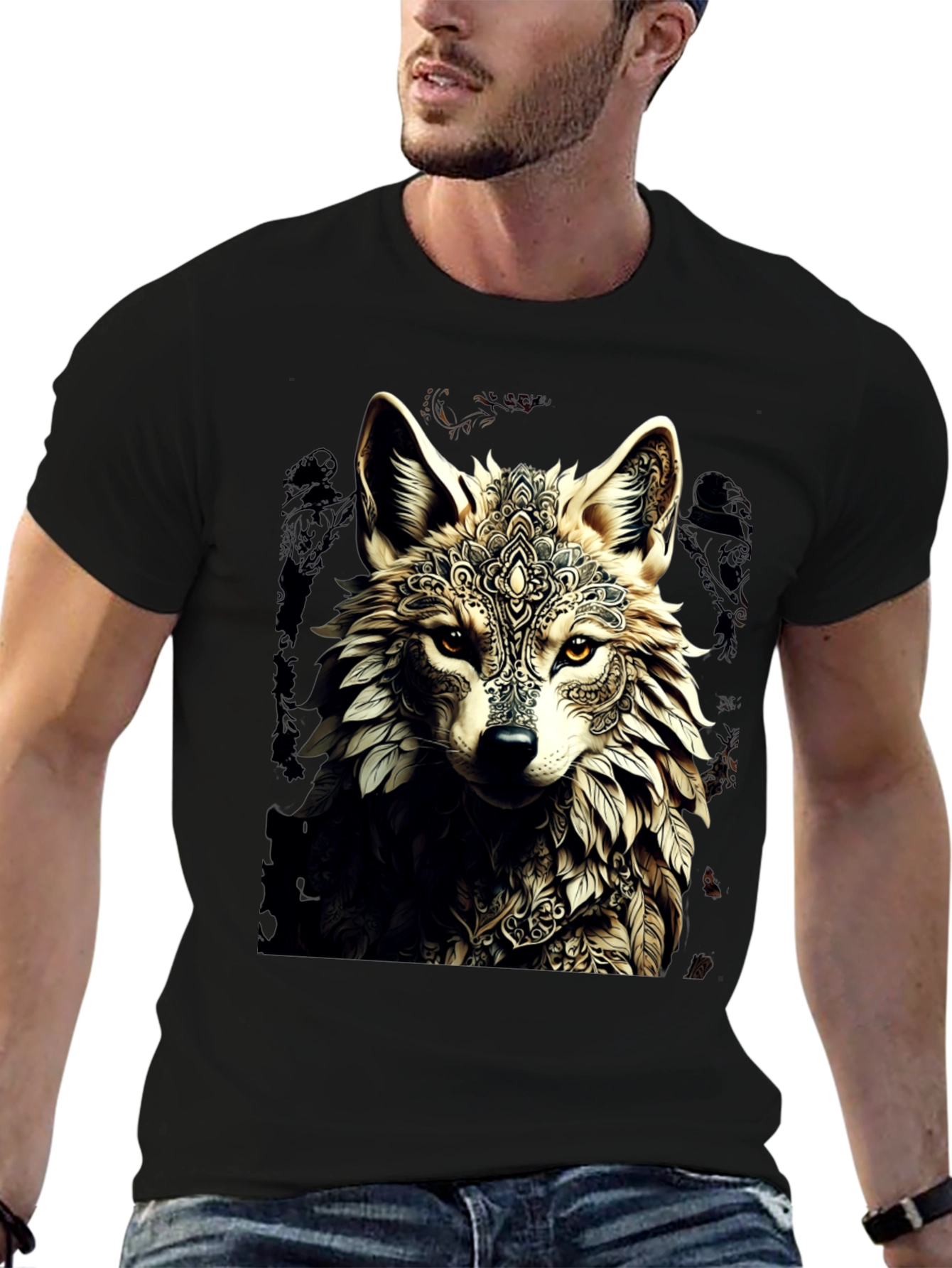 Black Wolf Mandala Graphic Tee - Stylish Black T-Shirt view 6