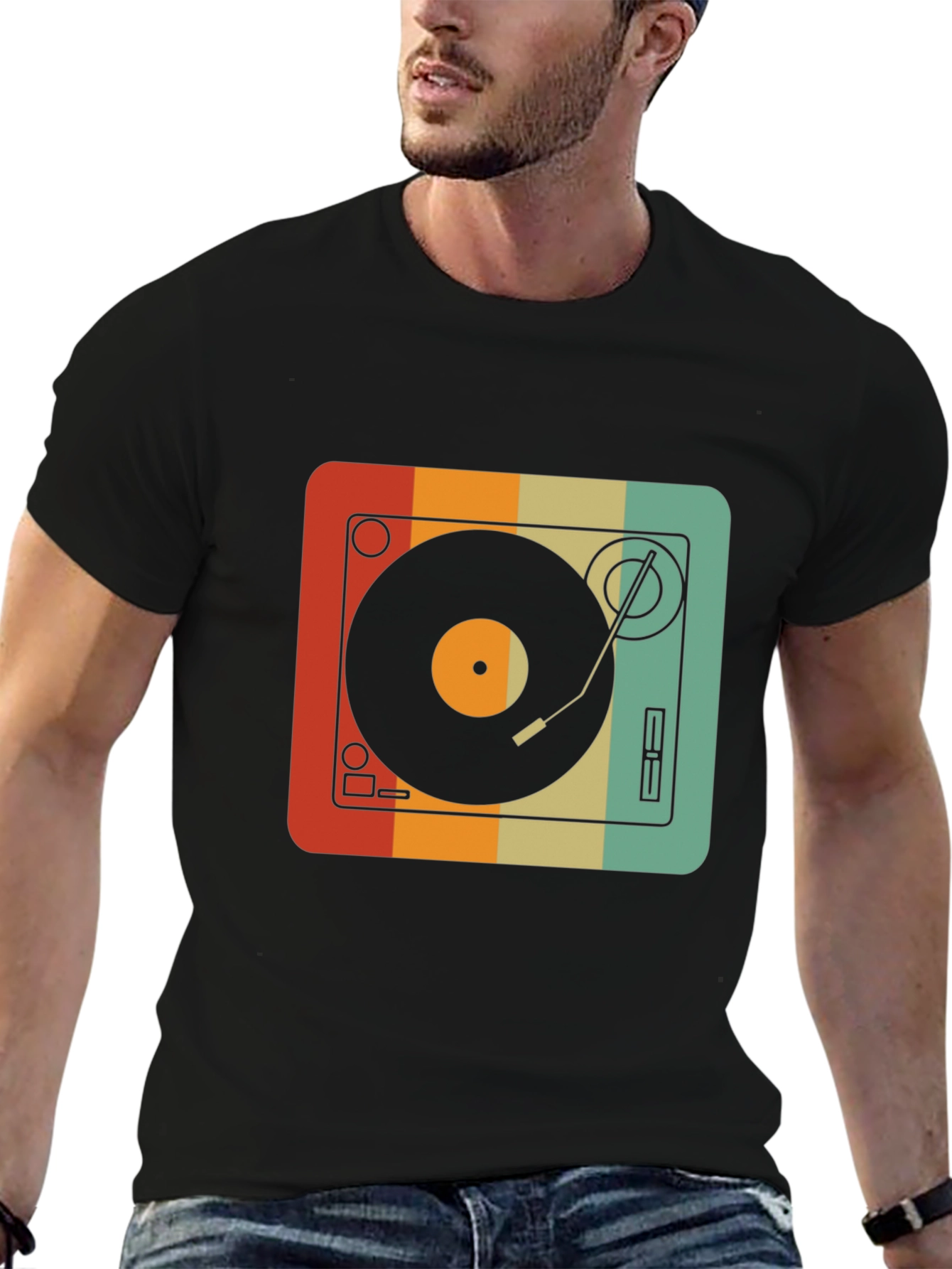 Black Retro Turntable Graphic Tee - Vintage Record Player Shirt view 6