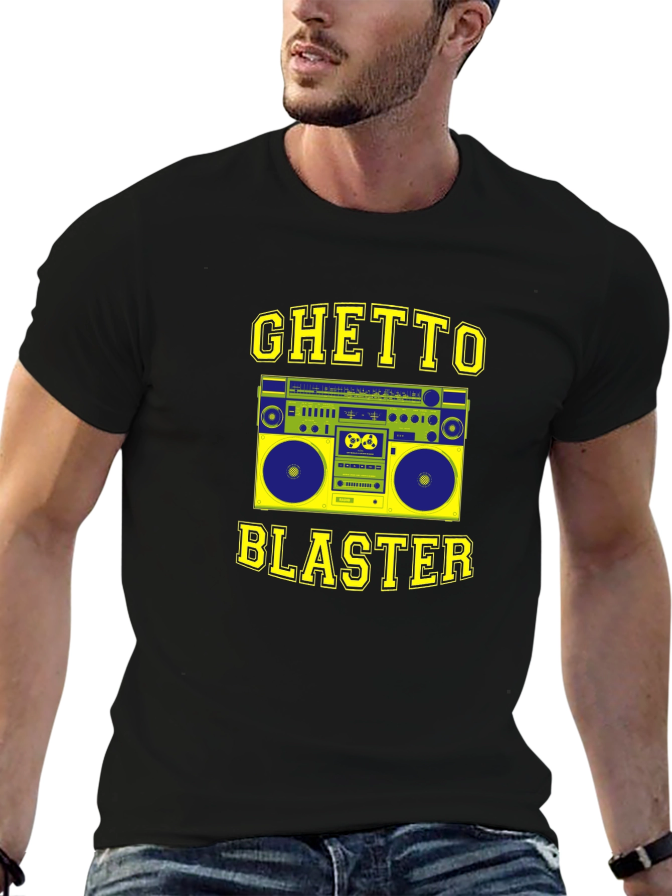 Black Ghetto Blaster Graphic Tee - Retro Boombox Design view 6