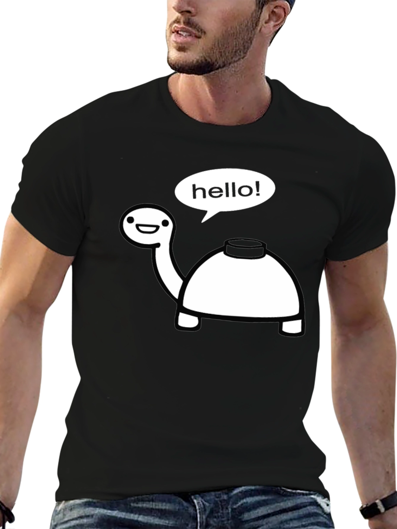 Black Funny Turtle Hello T-Shirt - Black Cotton Tee view 6