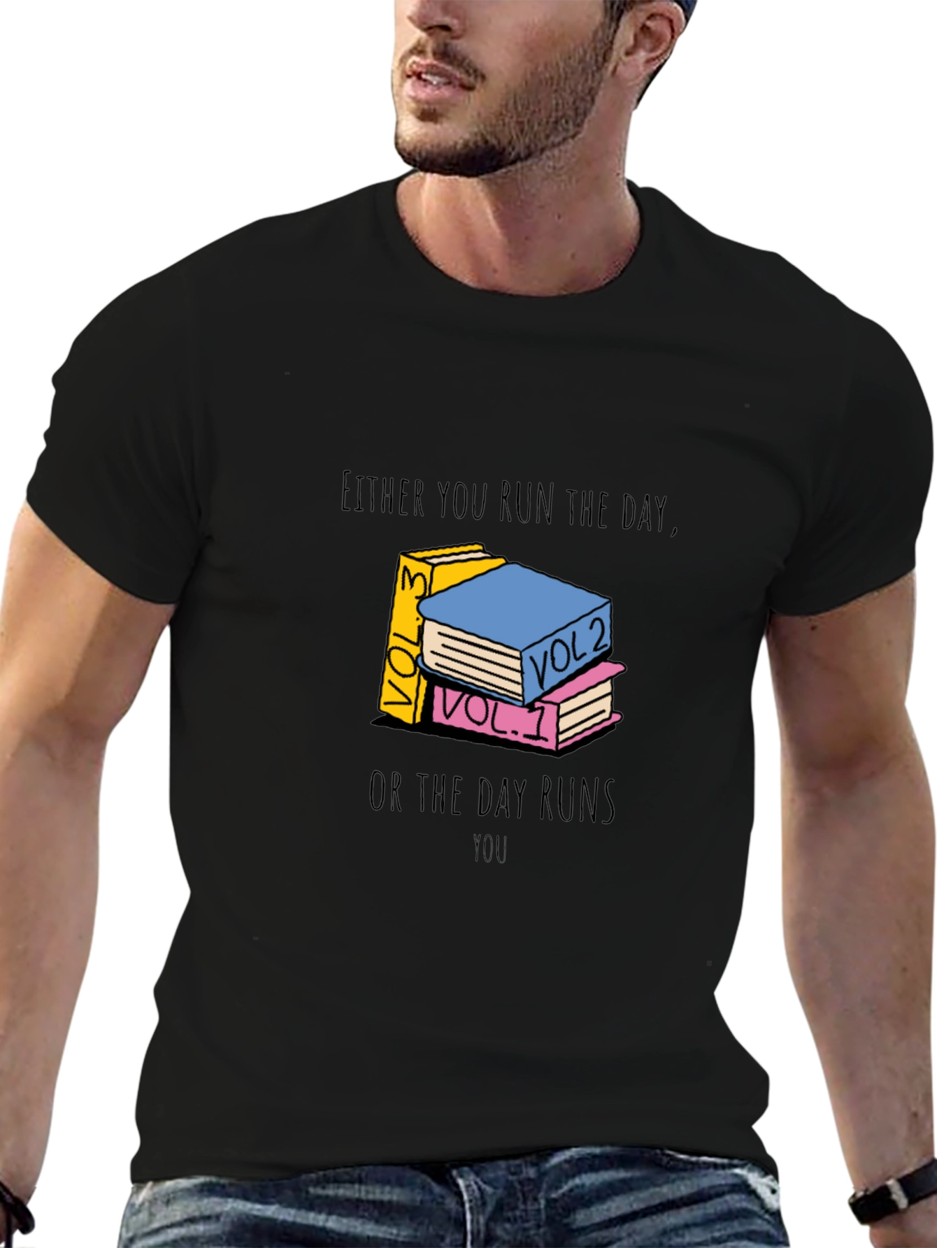 Black Motivational Book Stack Graphic Tee - Run The Day view 6