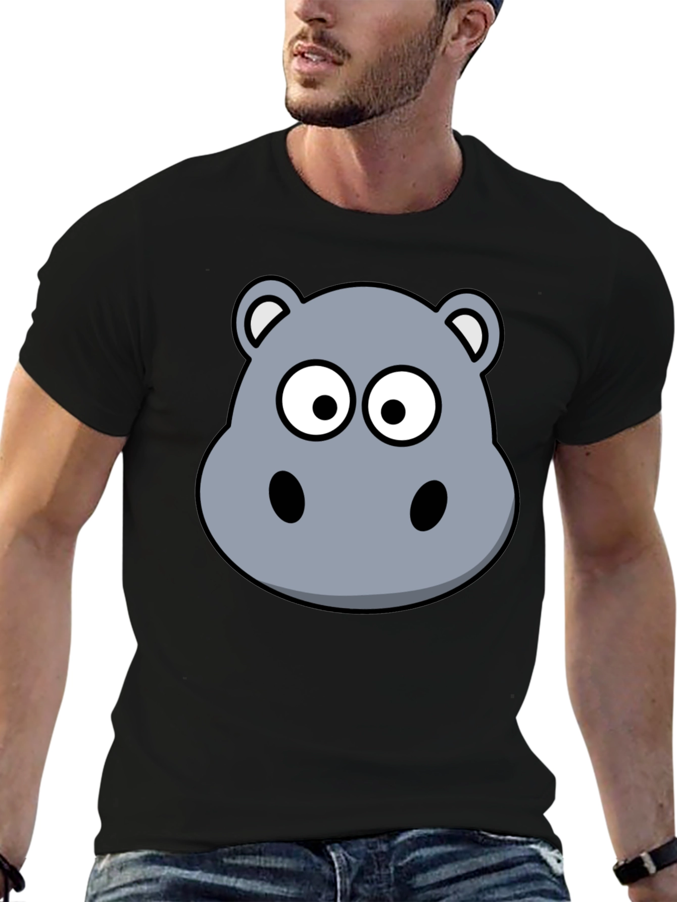 Black Hippo Cartoon Graphic Black T-Shirt view 6