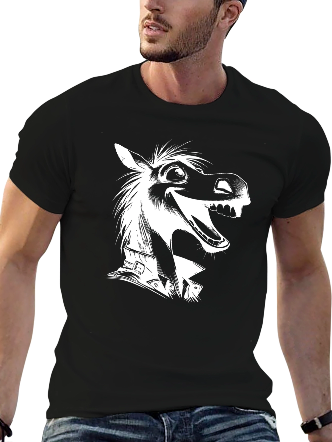 Black Funny Horse Graphic Tee - Black Cotton T-Shirt view 6