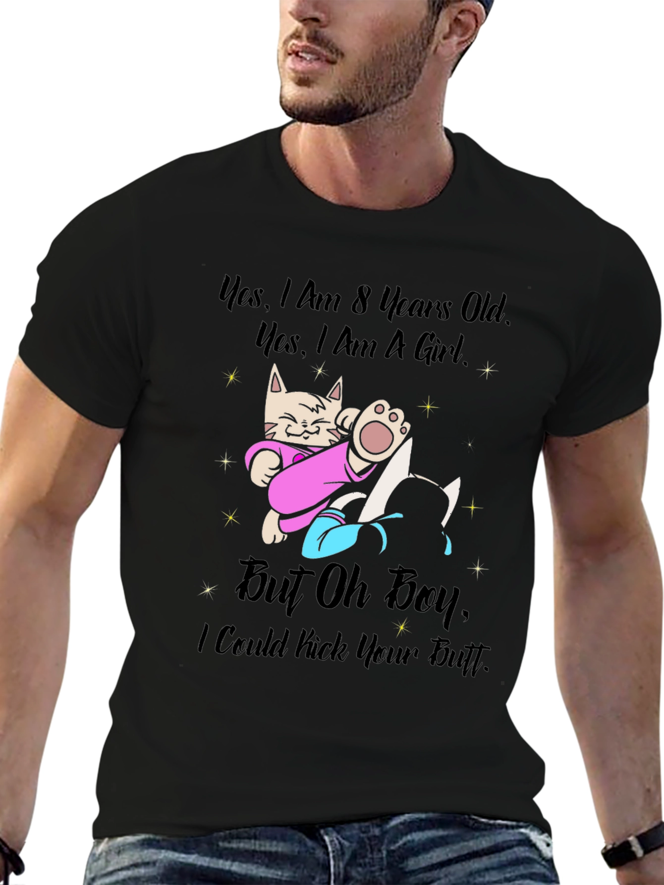 Black Funny Cat Girl T-Shirt - I Could Kick Your Butt view 6