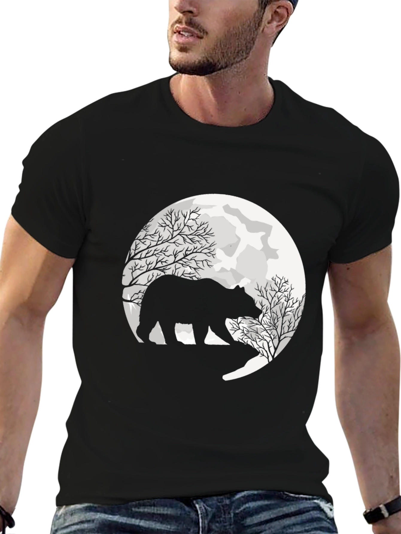 Black Bear Silhouette Moon Graphic Tee - Black view 6