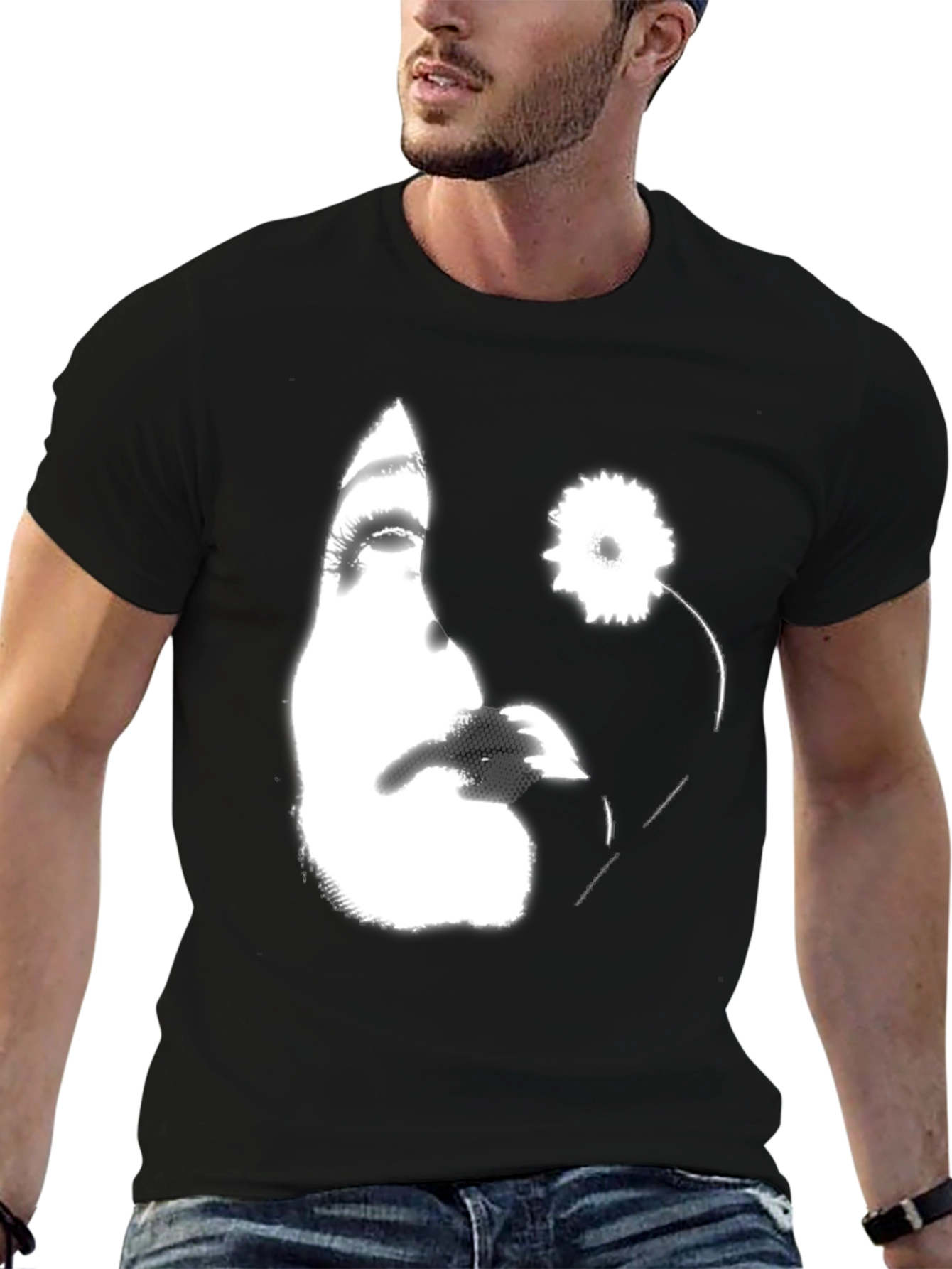 Black Abstract Floral Face Graphic Black T-Shirt view 6
