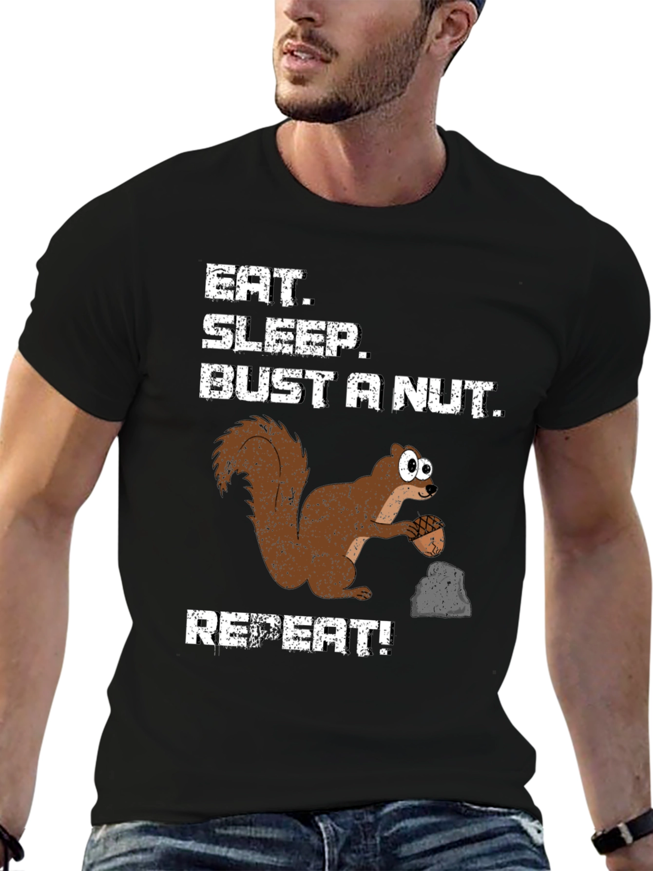 Black Eat Sleep Bust a Nut Squirrel T-Shirt Funny Humor Tee view 6