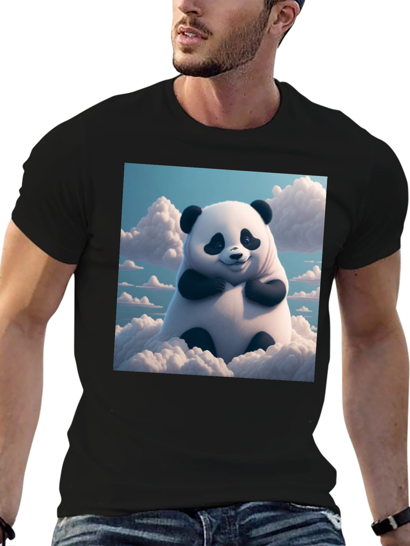 Black Cute Panda in Clouds Graphic Tee - Black Cotton T-Shirt view 6