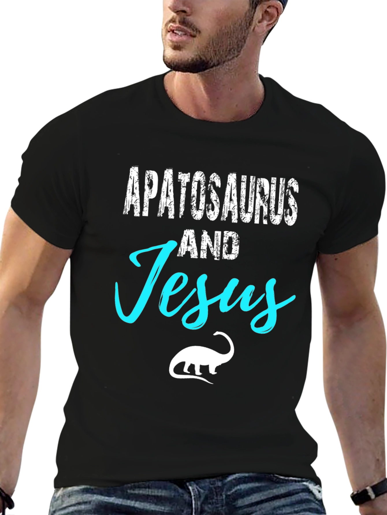 Black Apatosaurus and Jesus Black Graphic T-Shirt view 6