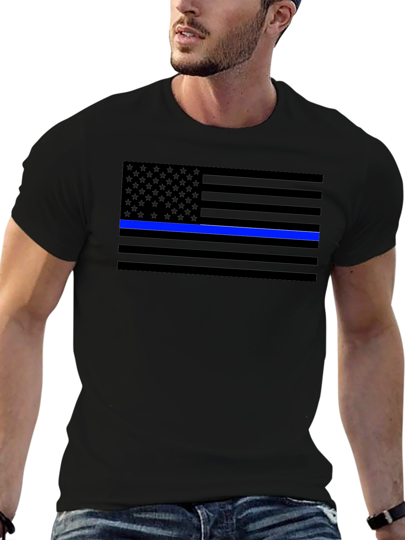 Black Blue Line Flag T-Shirt - Support Law Enforcement view 6