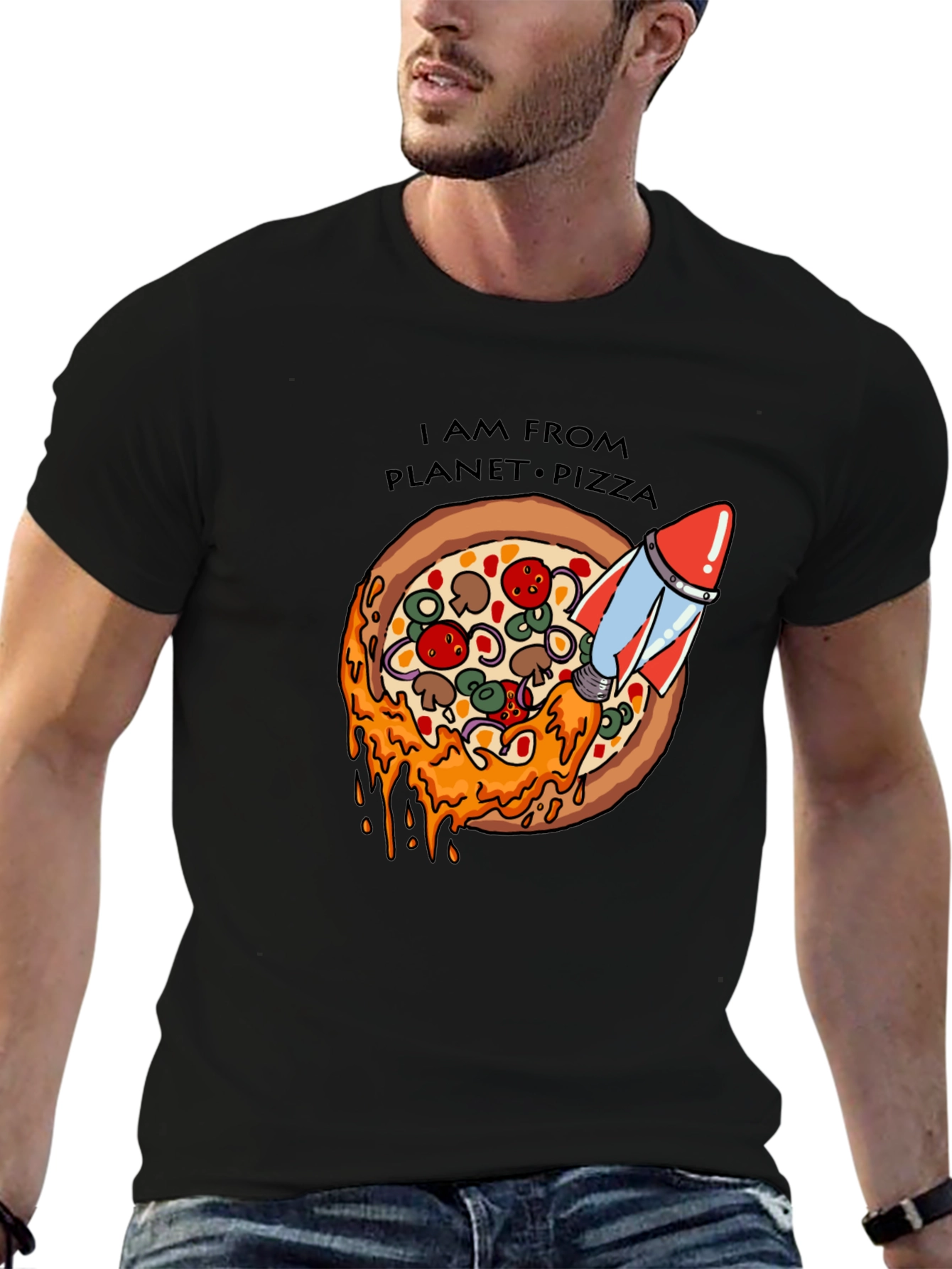 Black Planet Pizza T-Shirt - Rocket Launch Design view 6