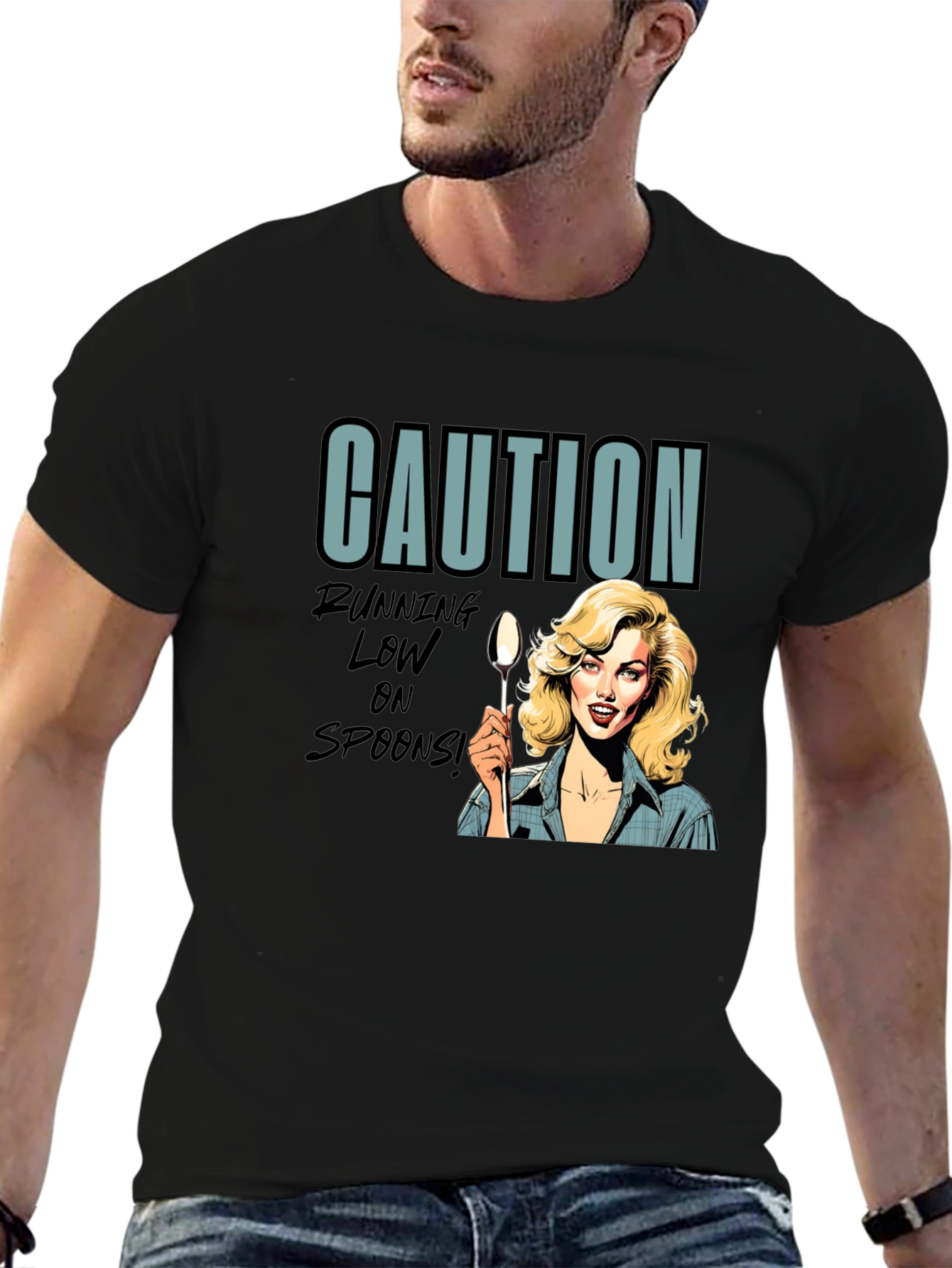 Black Caution Running Low On Spoons T-Shirt view 6