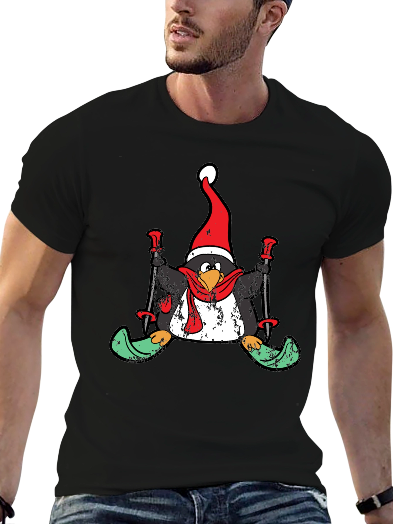 Black Penguin Skier Holiday T-Shirt view 6