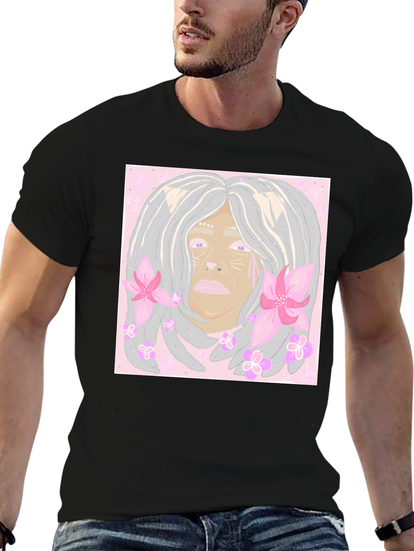 Black Unique Cat Flower T-Shirt  view 6