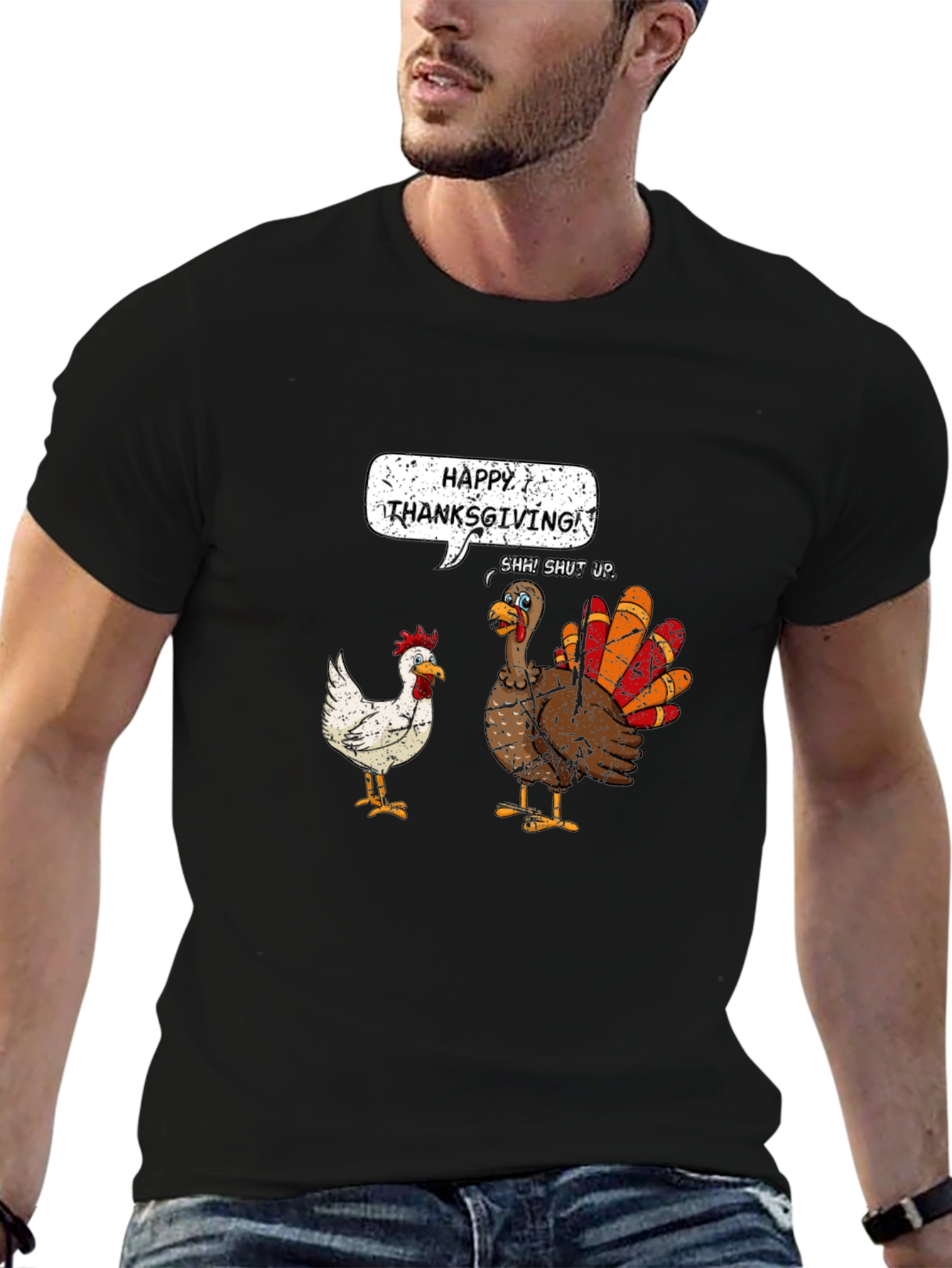 Black Happy Thanksgiving Funny Turkey T-Shirt view 6