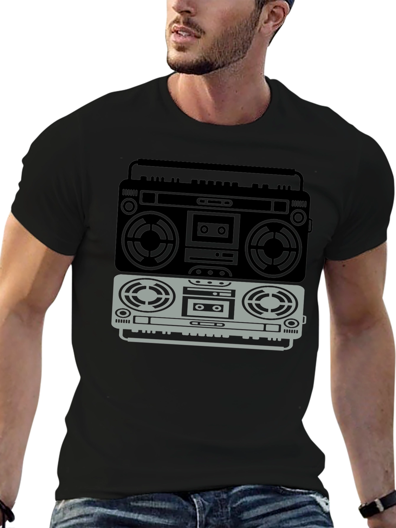 Black Retro Boombox Graphic T-Shirt - Vintage Music Lover Tee view 6