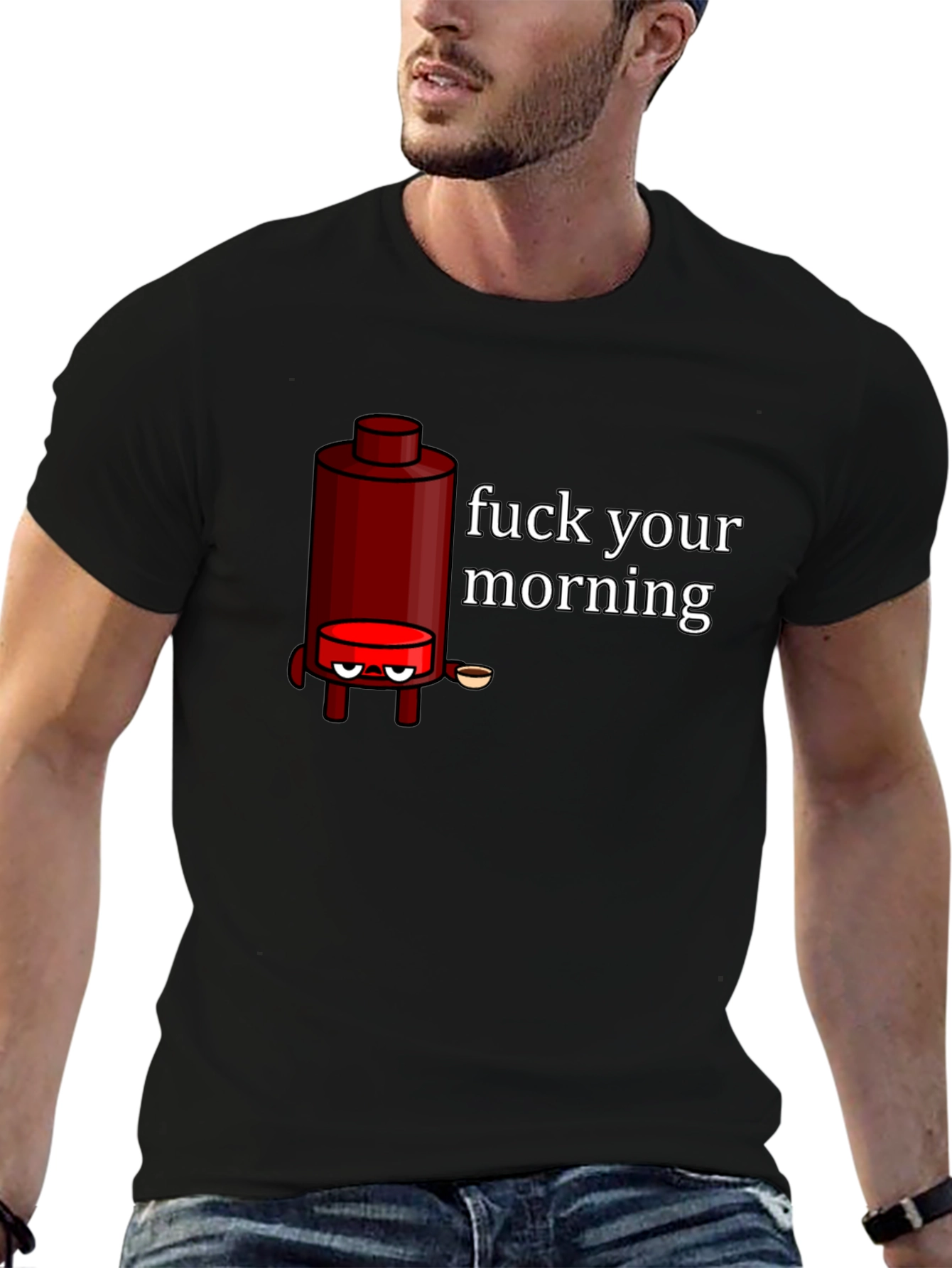 Black Funny Coffee Maker Graphic T-Shirt - "Fuck Your Morning" view 6