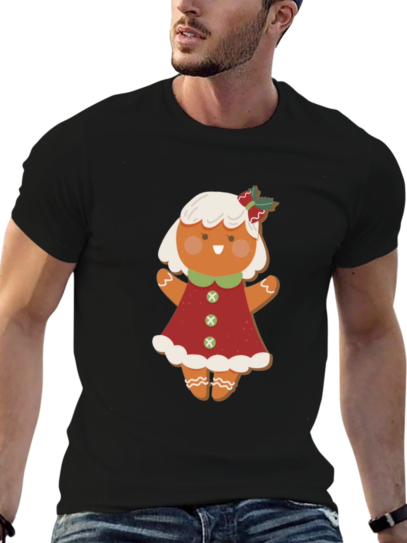 Black Gingerbread Girl T-Shirt: Festive Holiday Style view 6