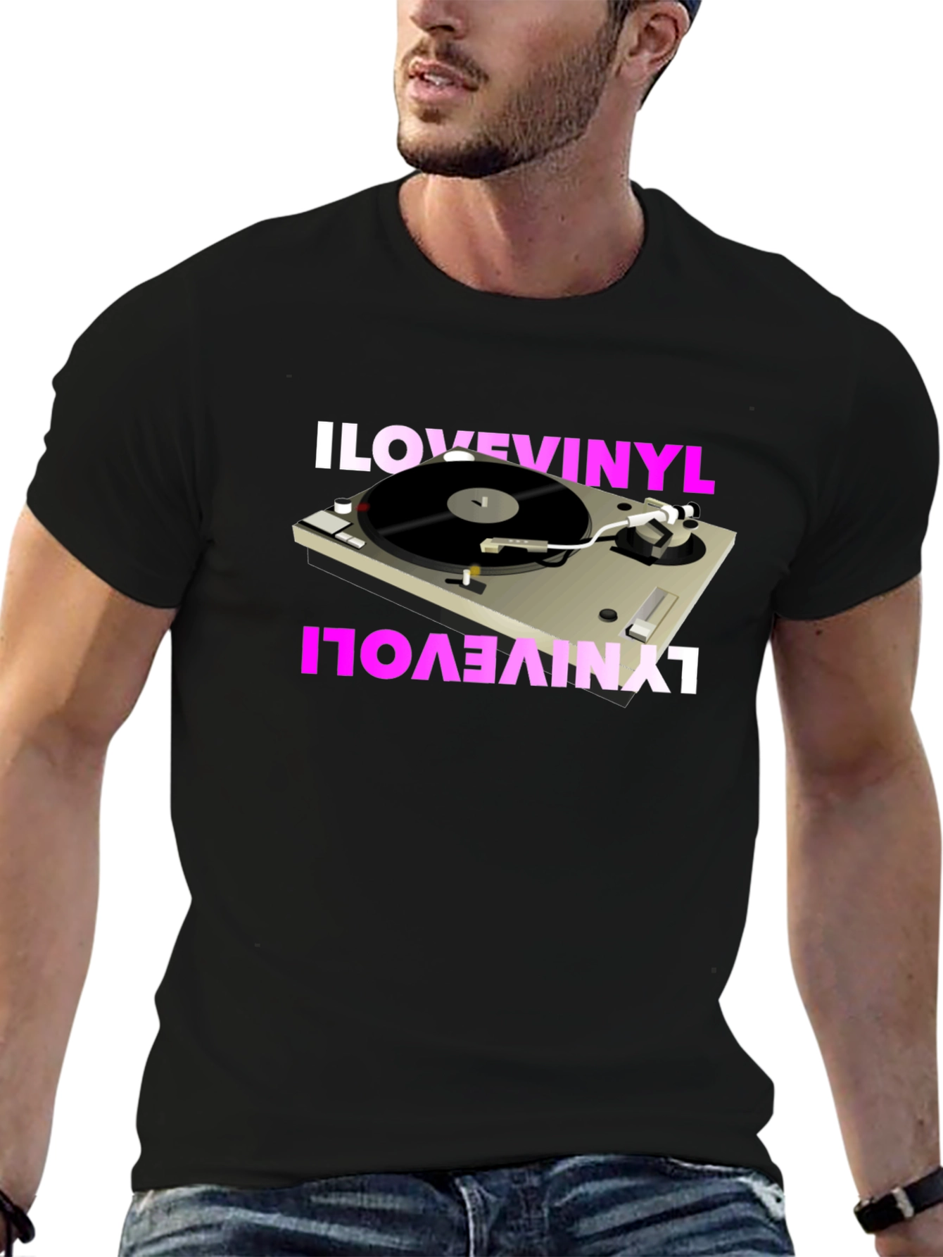 Black I Love Vinyl Turntable Graphic T-Shirt view 6