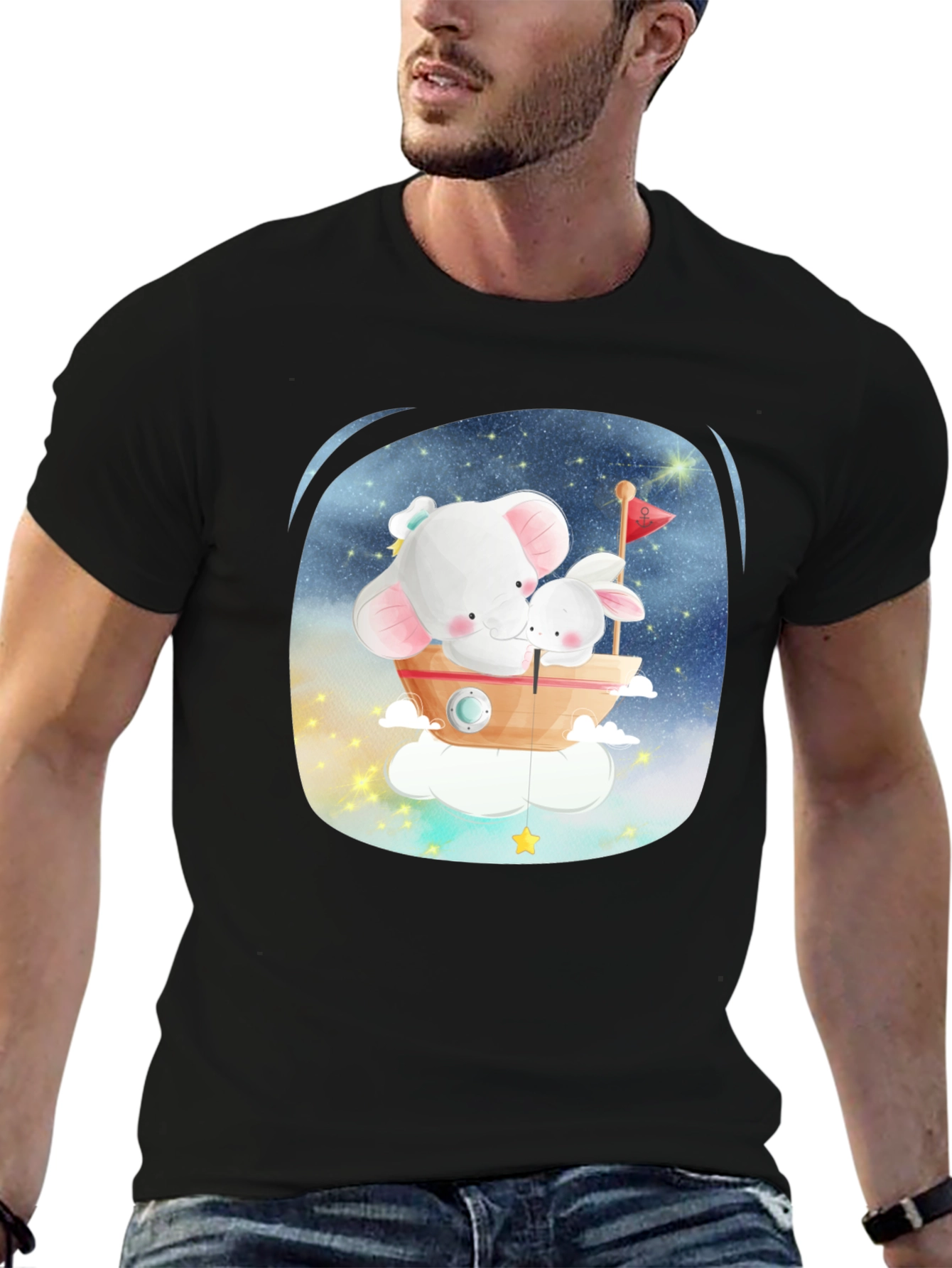 Black Cute Elephant & Bunny T-Shirt - Dreamy Design view 6