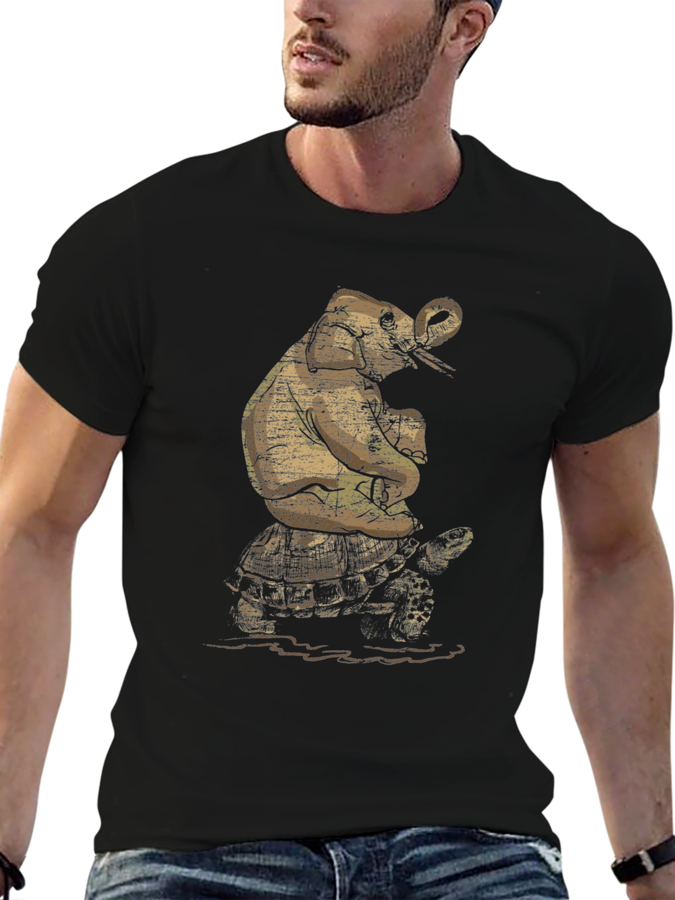 Black Elephant Riding Turtle Graphic T-Shirt view 6