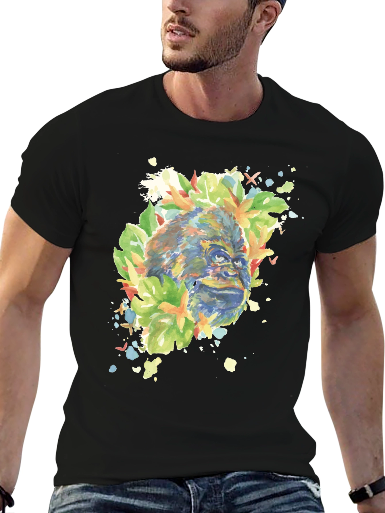 Black Gorilla Watercolor Graphic Tee - Men's Black T-Shirt view 6