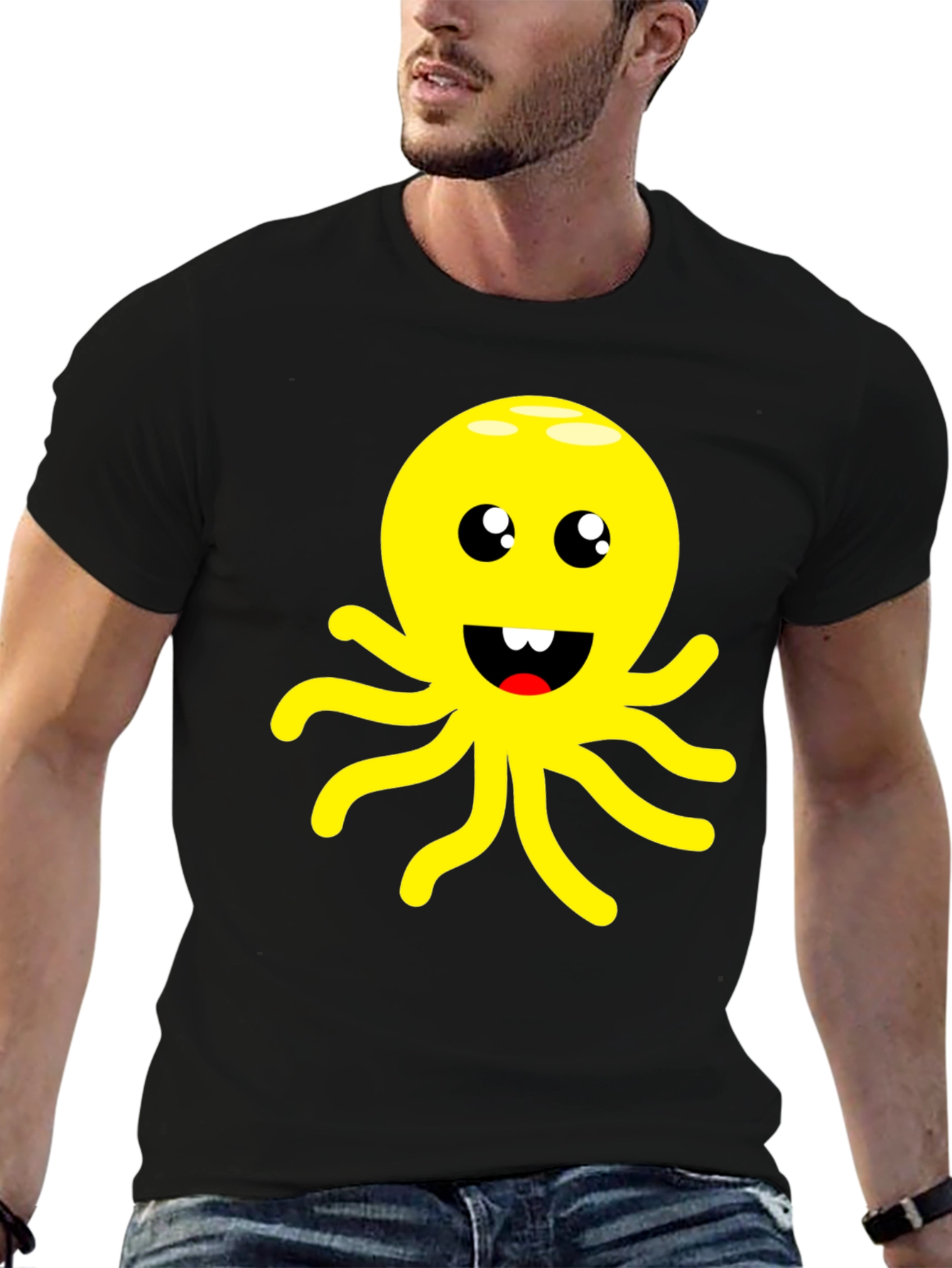 Black Cute Cartoon Octopus Graphic Black T-Shirt view 6