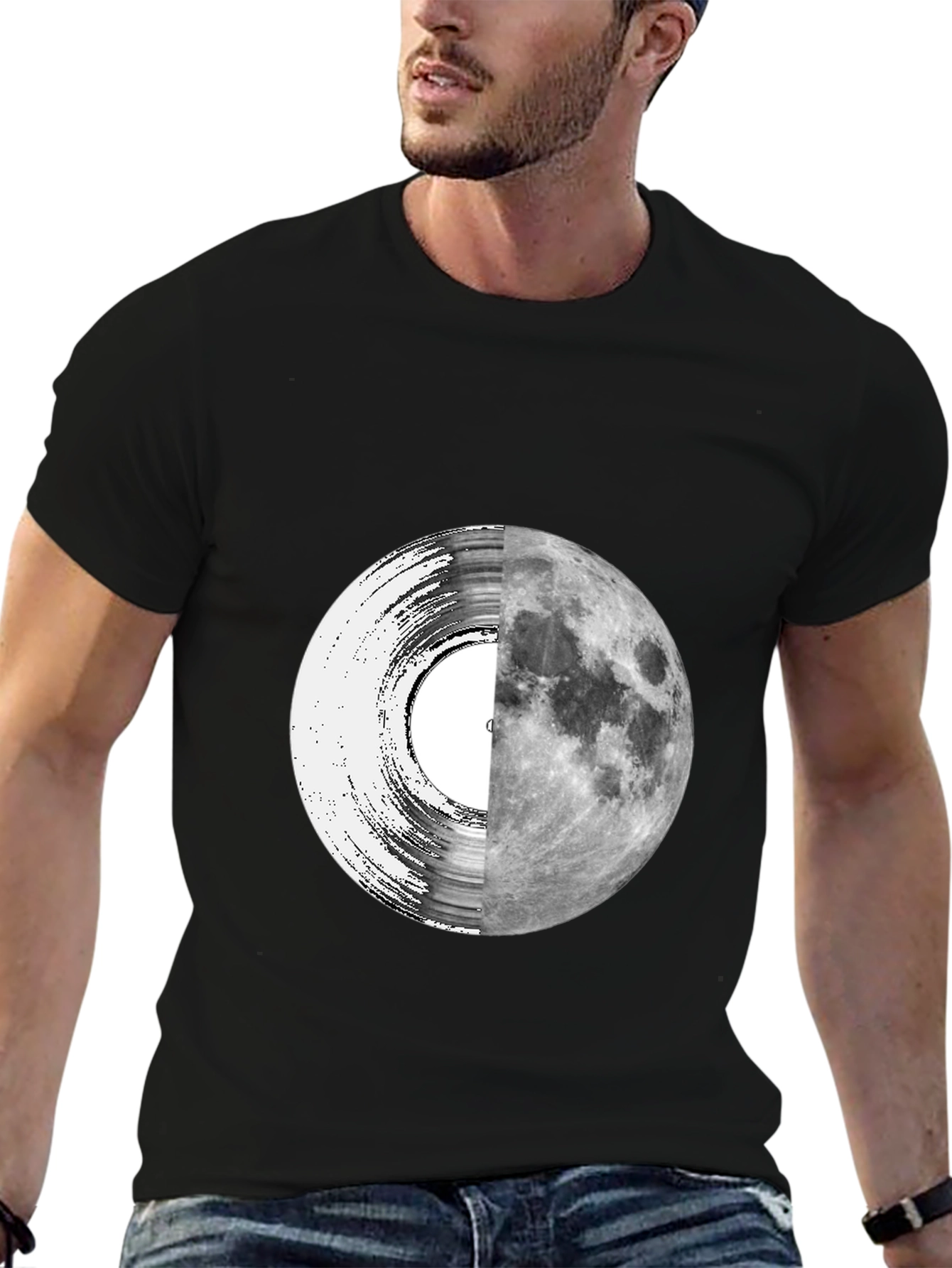 Black Vinyl Moon Graphic Tee - Unique Music Lover Shirt view 6
