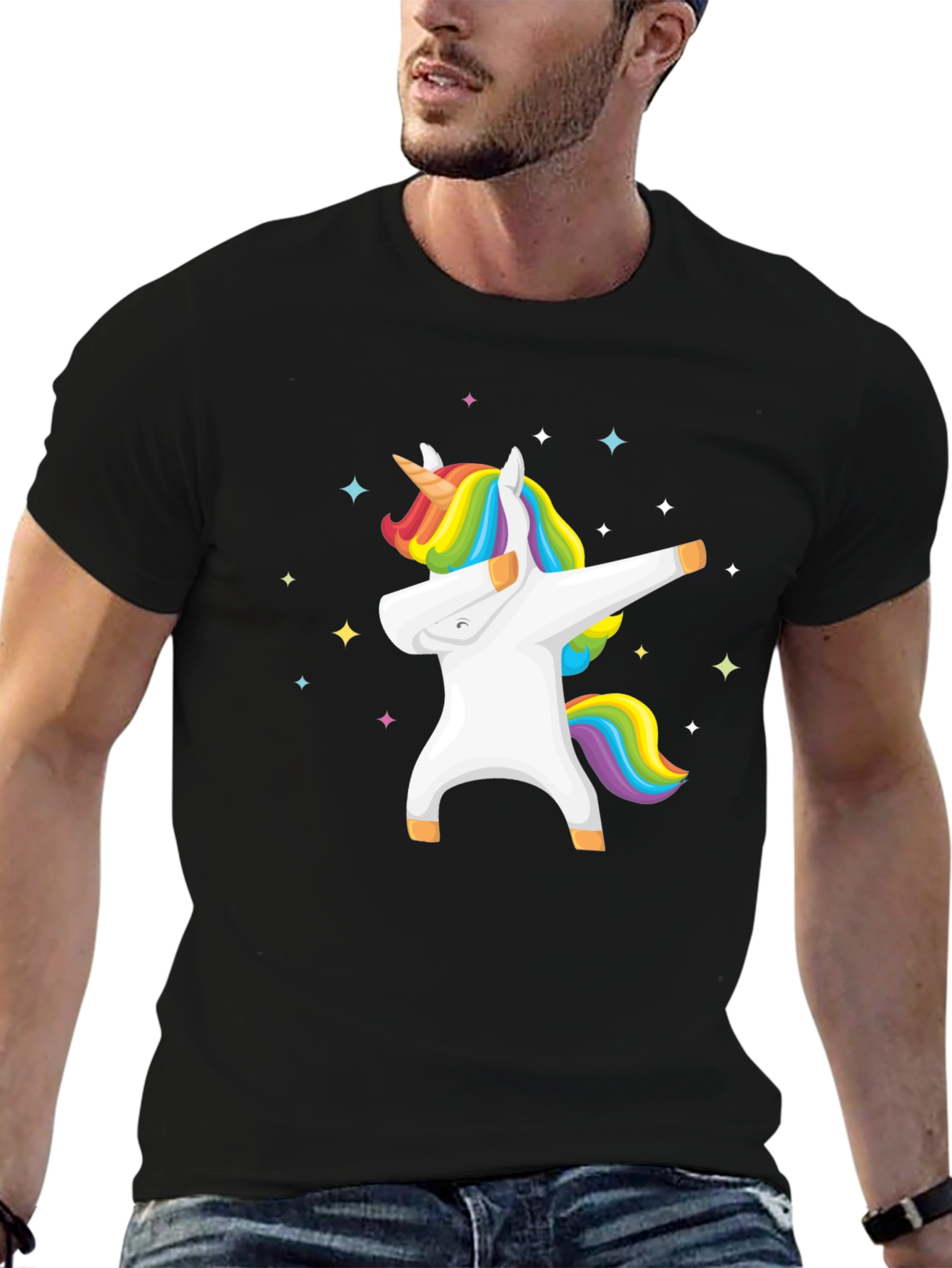 Black Dabbing Unicorn Graphic Tee - Black Cotton T-Shirt view 6
