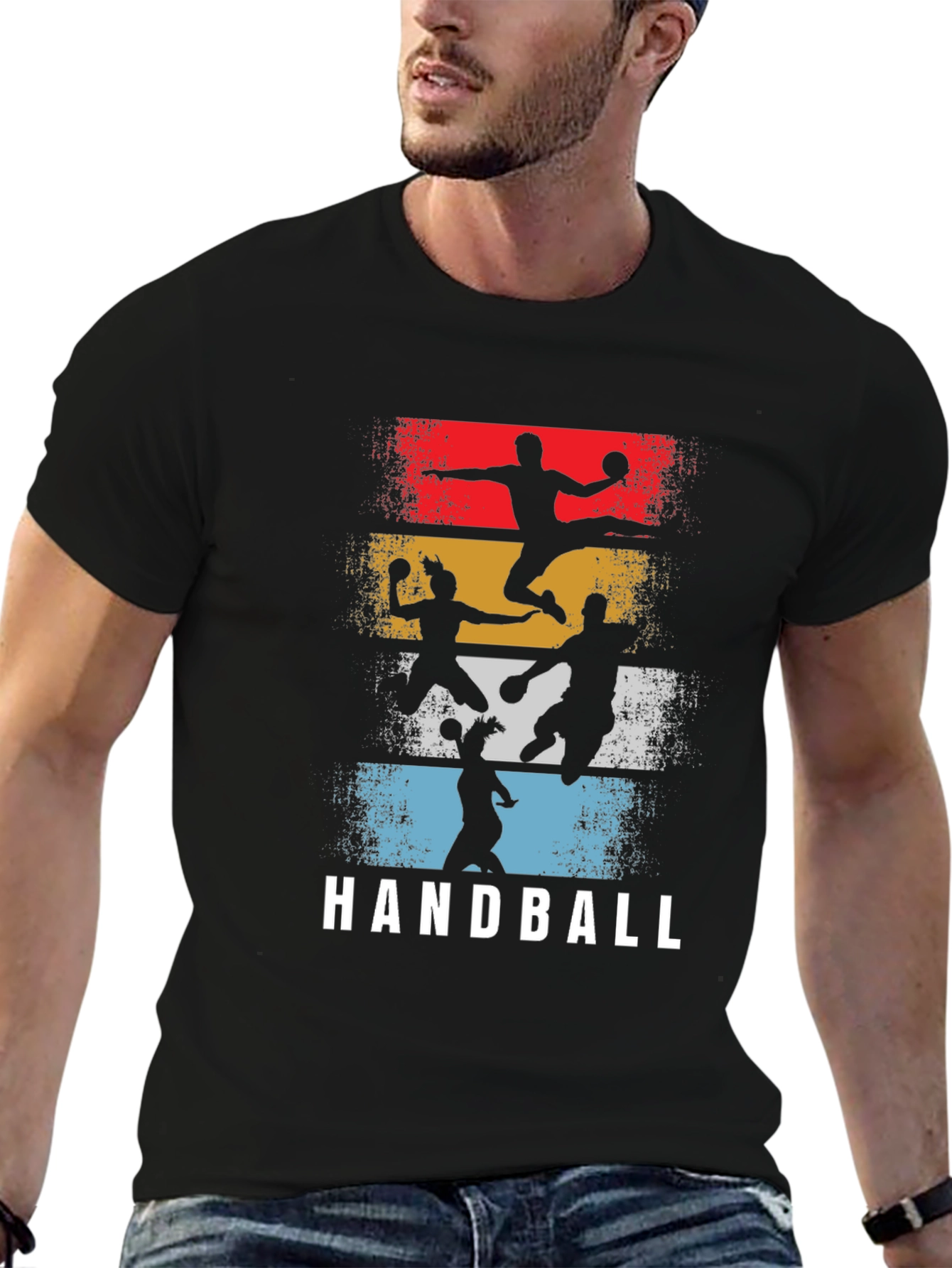 Black Handball Retro Graphic T-Shirt - Player Silhouette Design view 6