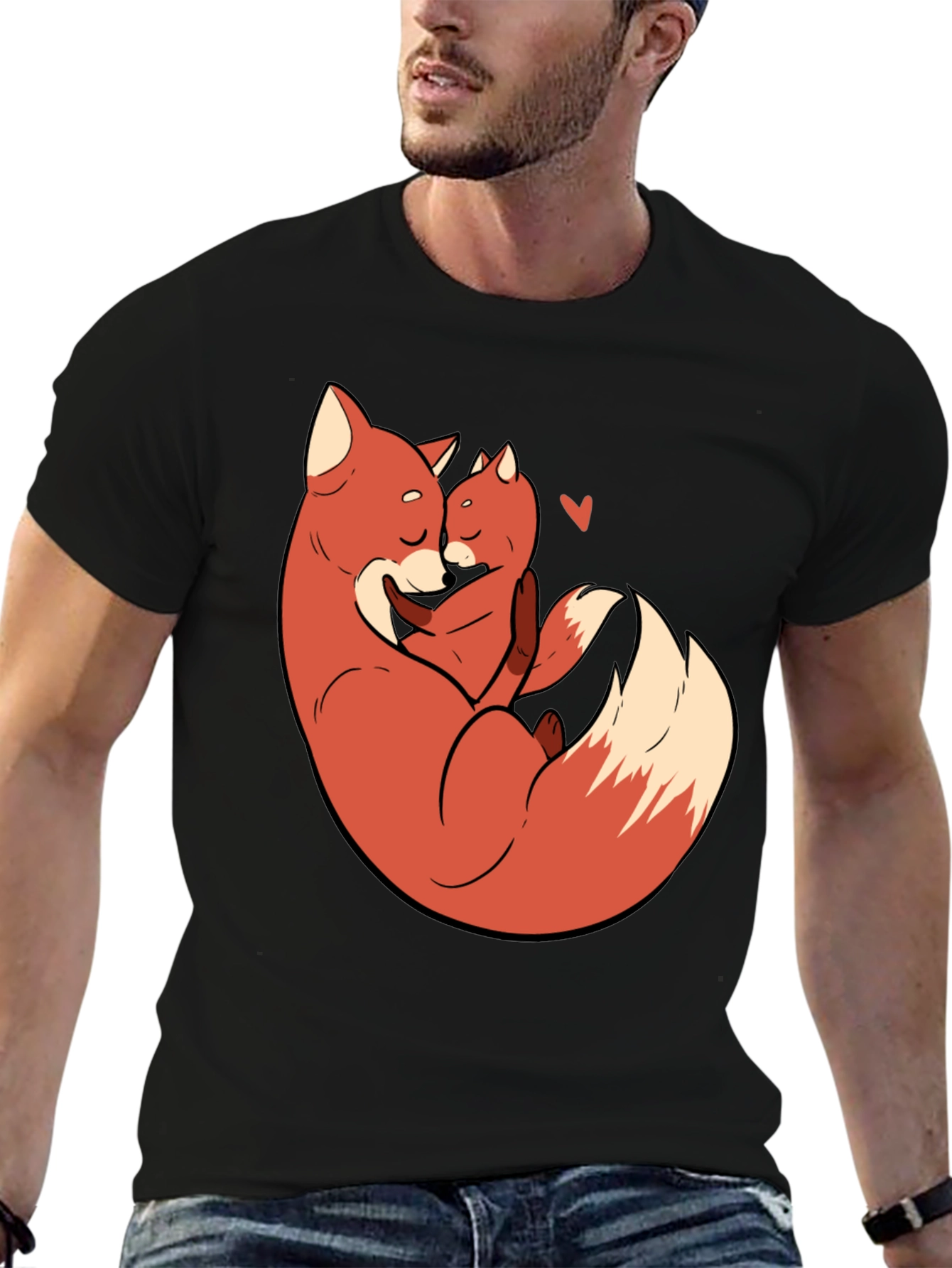 Black Fox Mom & Cub Love T-Shirt - Black, Cartoon Design view 6