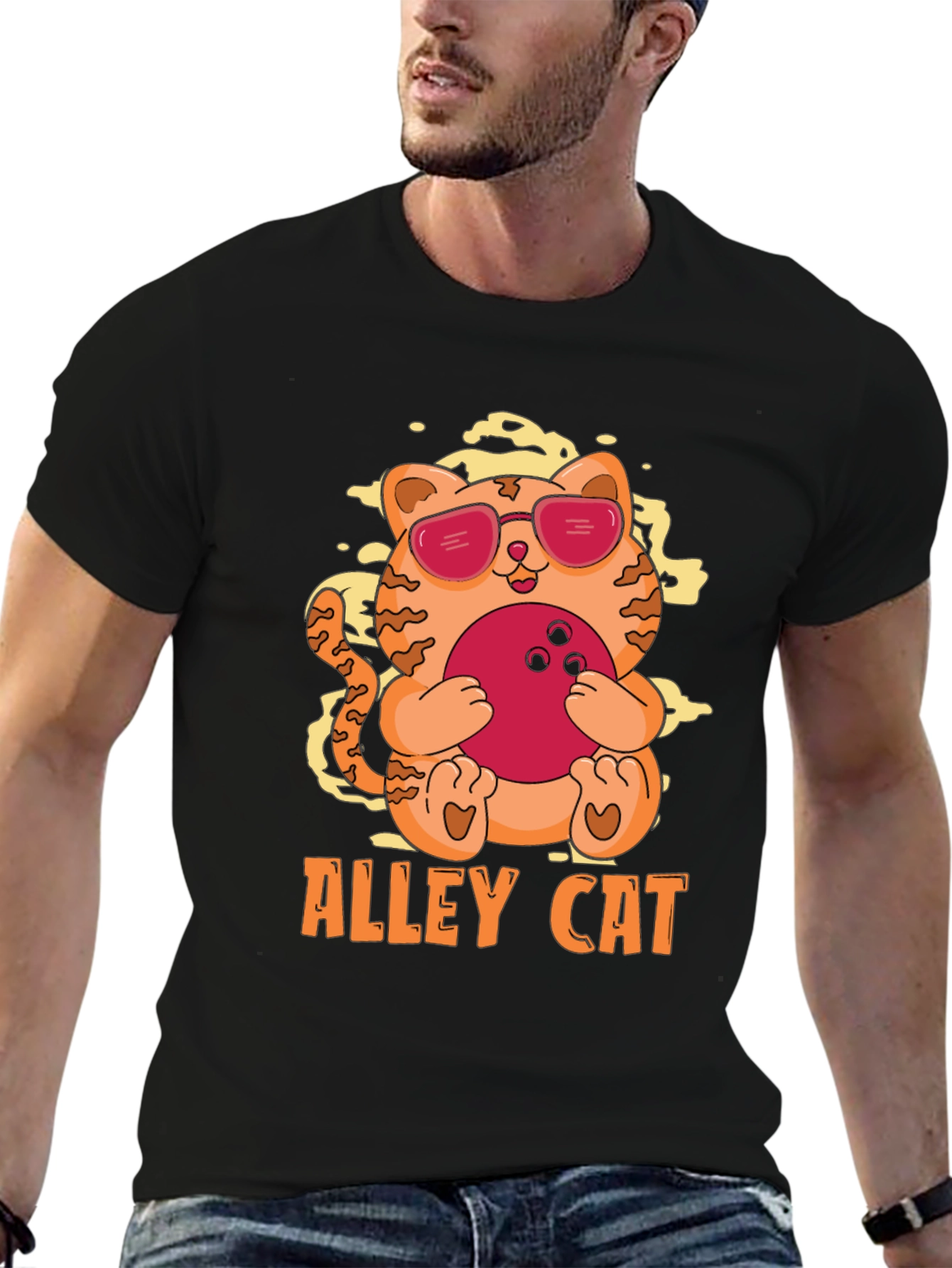 Black Alley Cat Bowling T-Shirt - Cool Kitten Design view 6