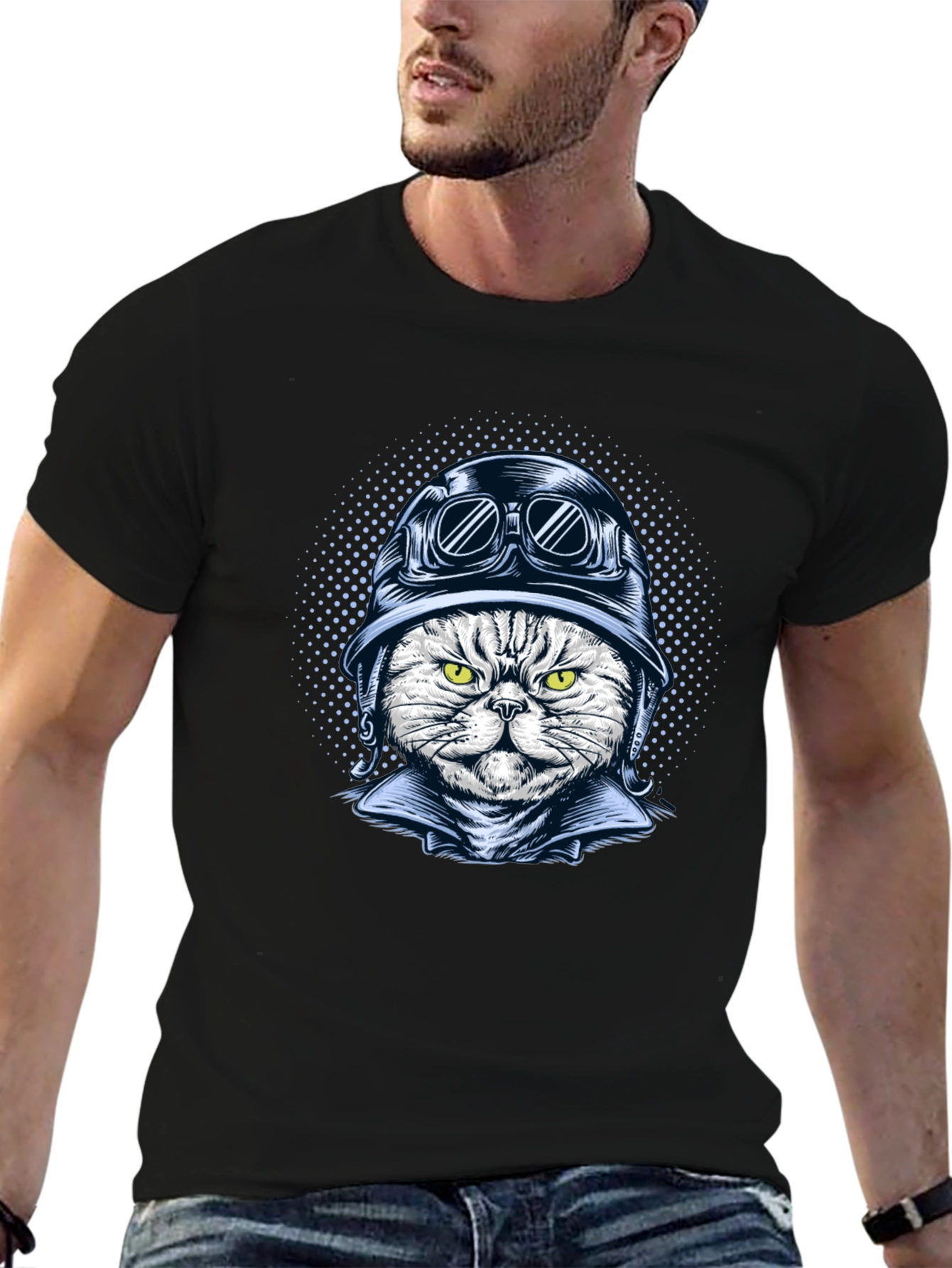 Black Cool Cat Biker Graphic T-Shirt - Black Cotton Tee view 6