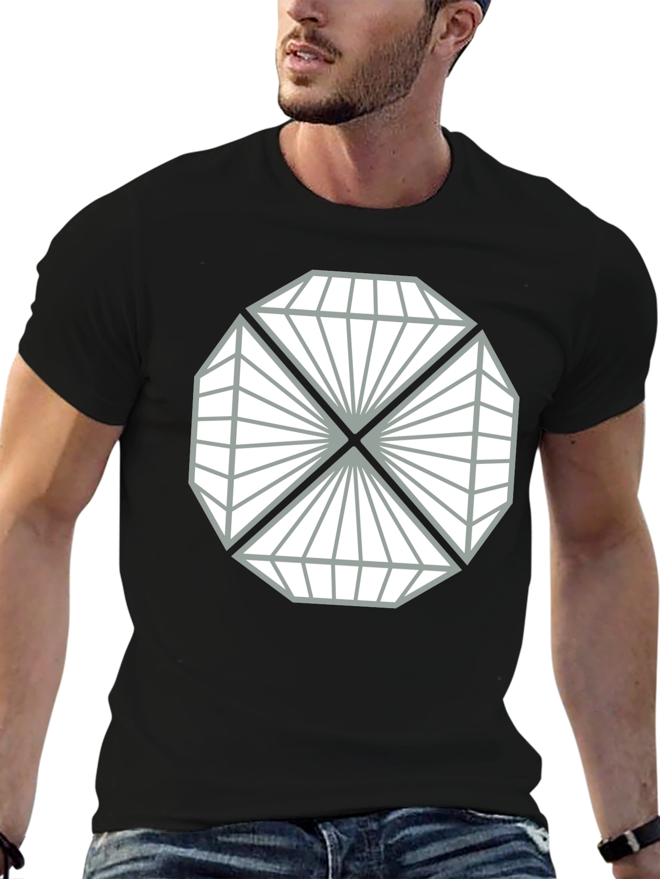 Black Geometric Diamond Design Black T-Shirt view 6