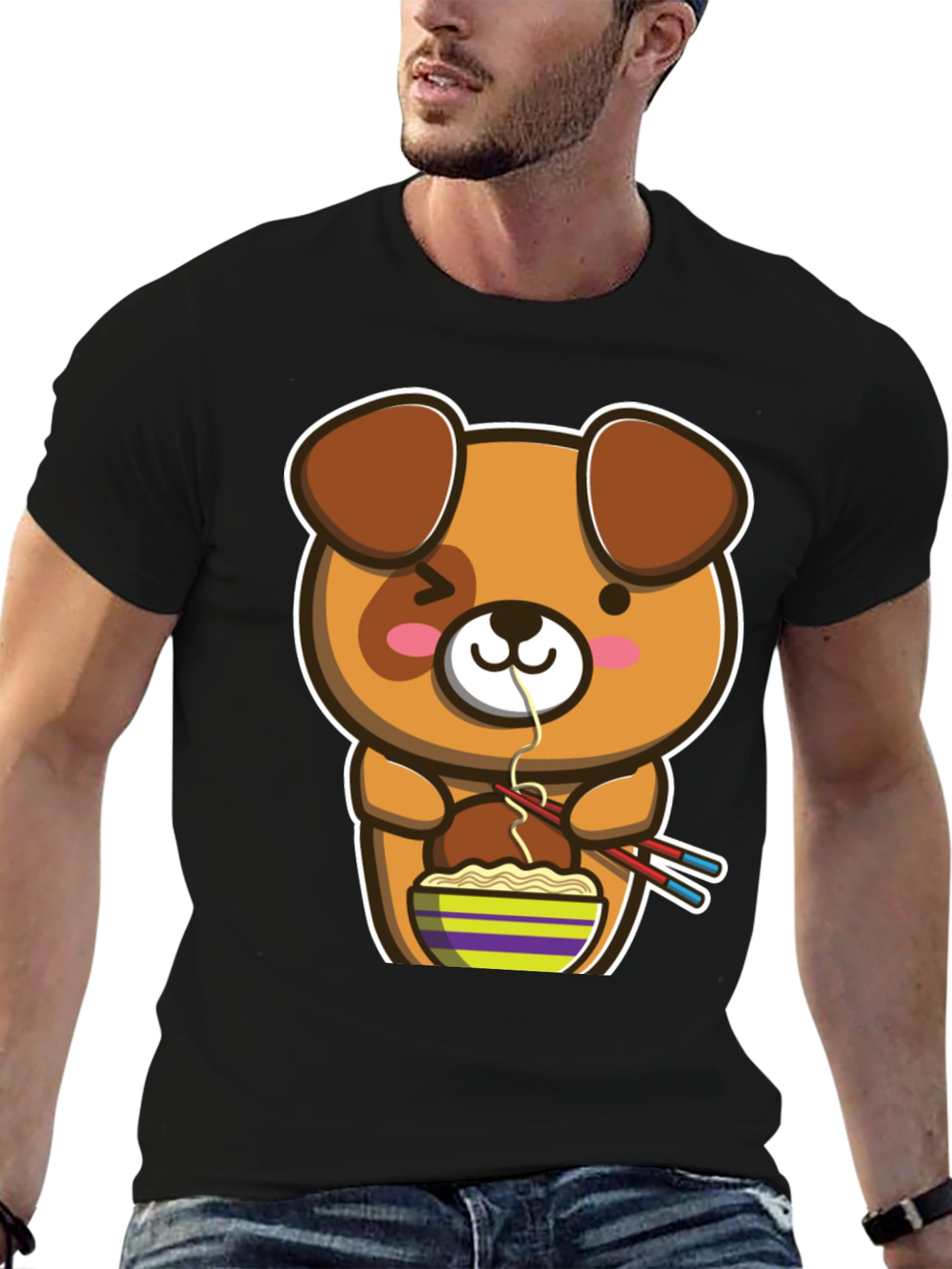 Black Cute Cartoon Dog Ramen T-Shirt view 6