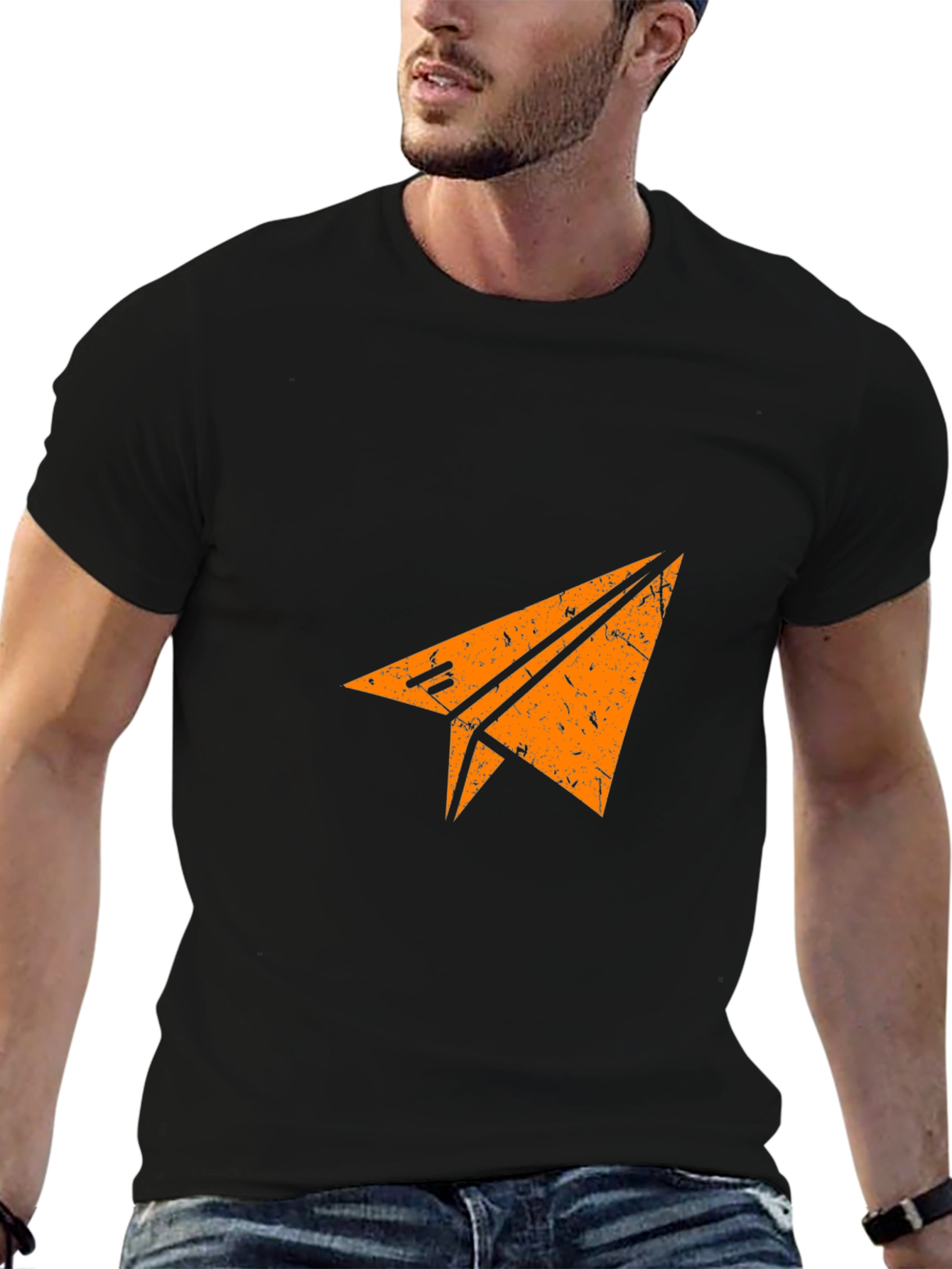 Black Men's Black T-shirt with Paper Airplane Graphic view 6