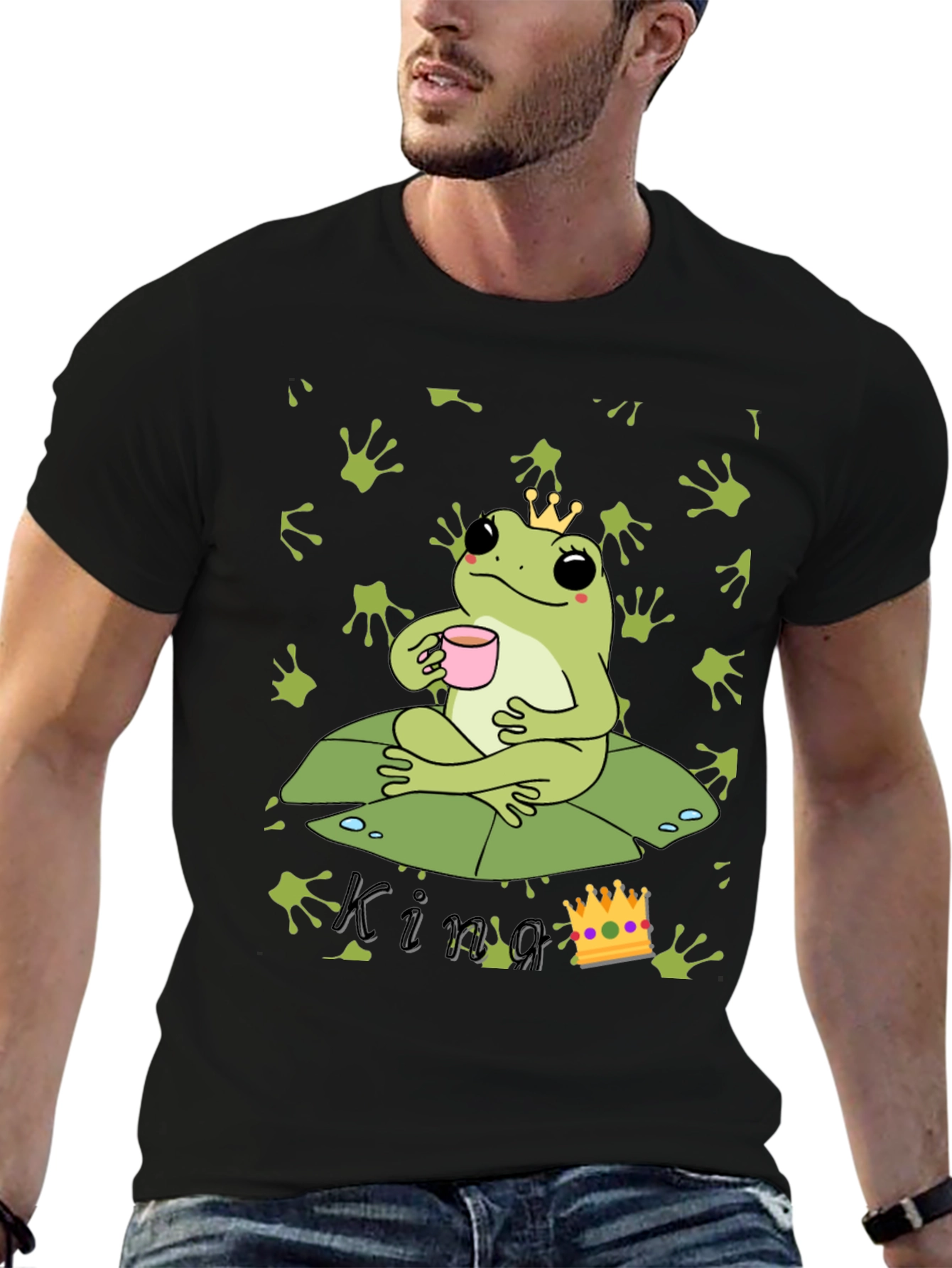 Black Frog King T-Shirt - Cute Frog with Crown Drinking Tea view 6