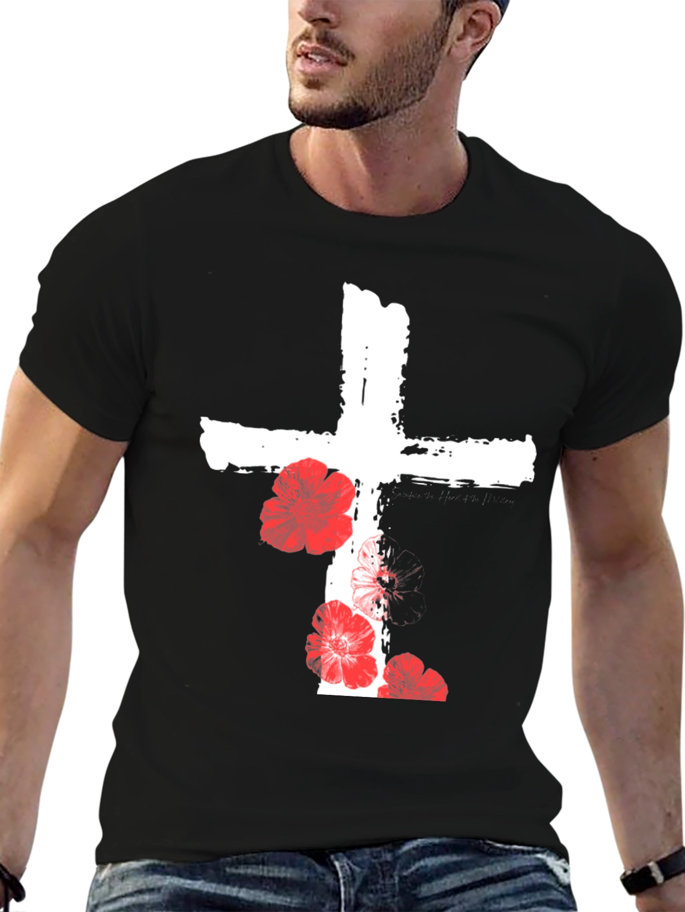 Black Floral Cross Graphic T-Shirt - Black view 6