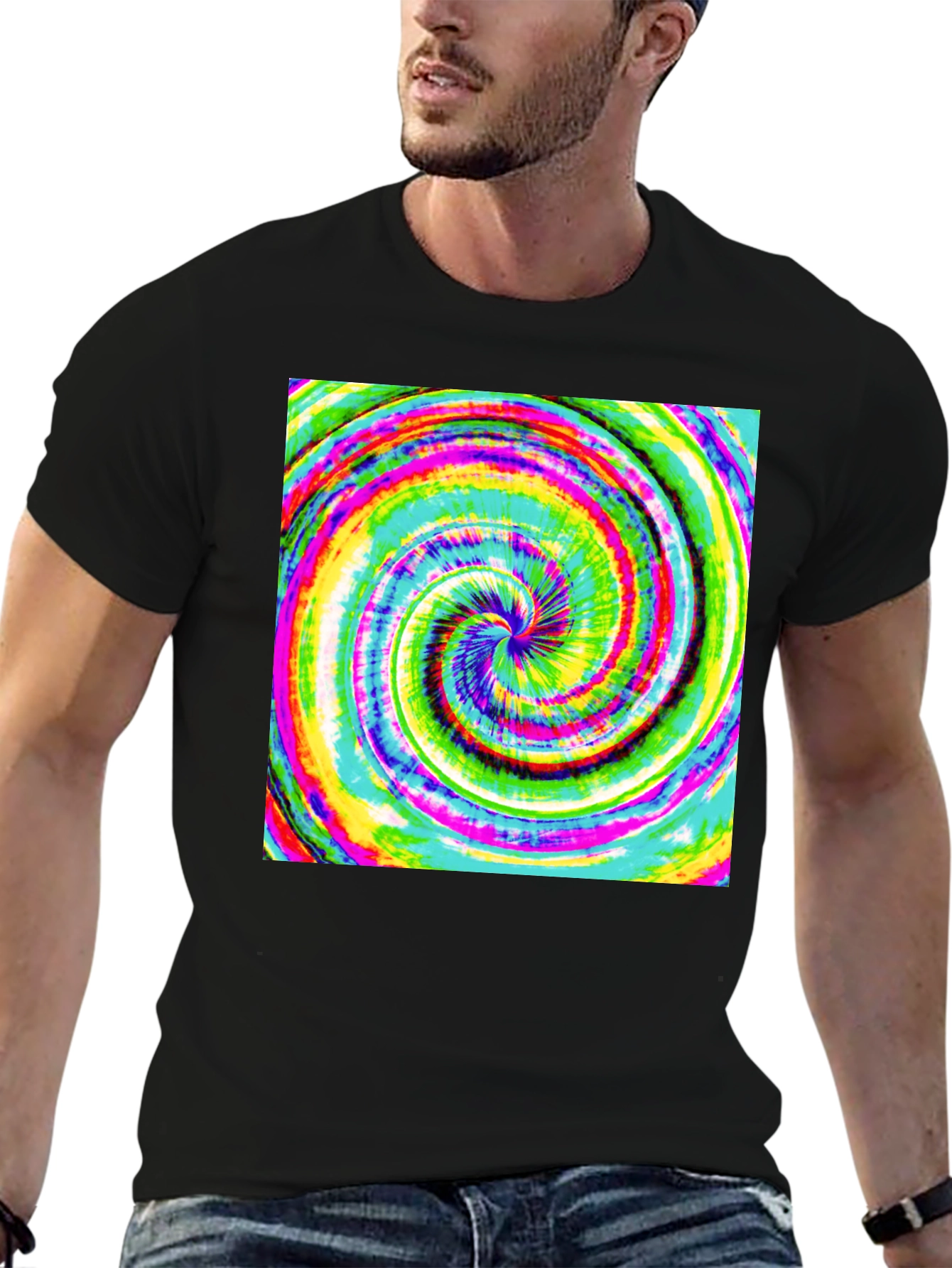 Black Psychedelic Swirl Tee - Vivid Rainbow Vortex Design view 6