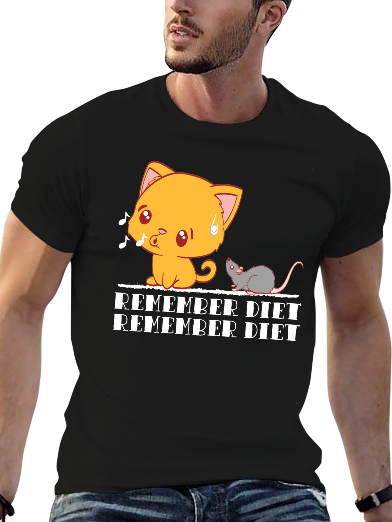 Black Remember Diet T-Shirt - Cute Cat & Mouse Design view 6