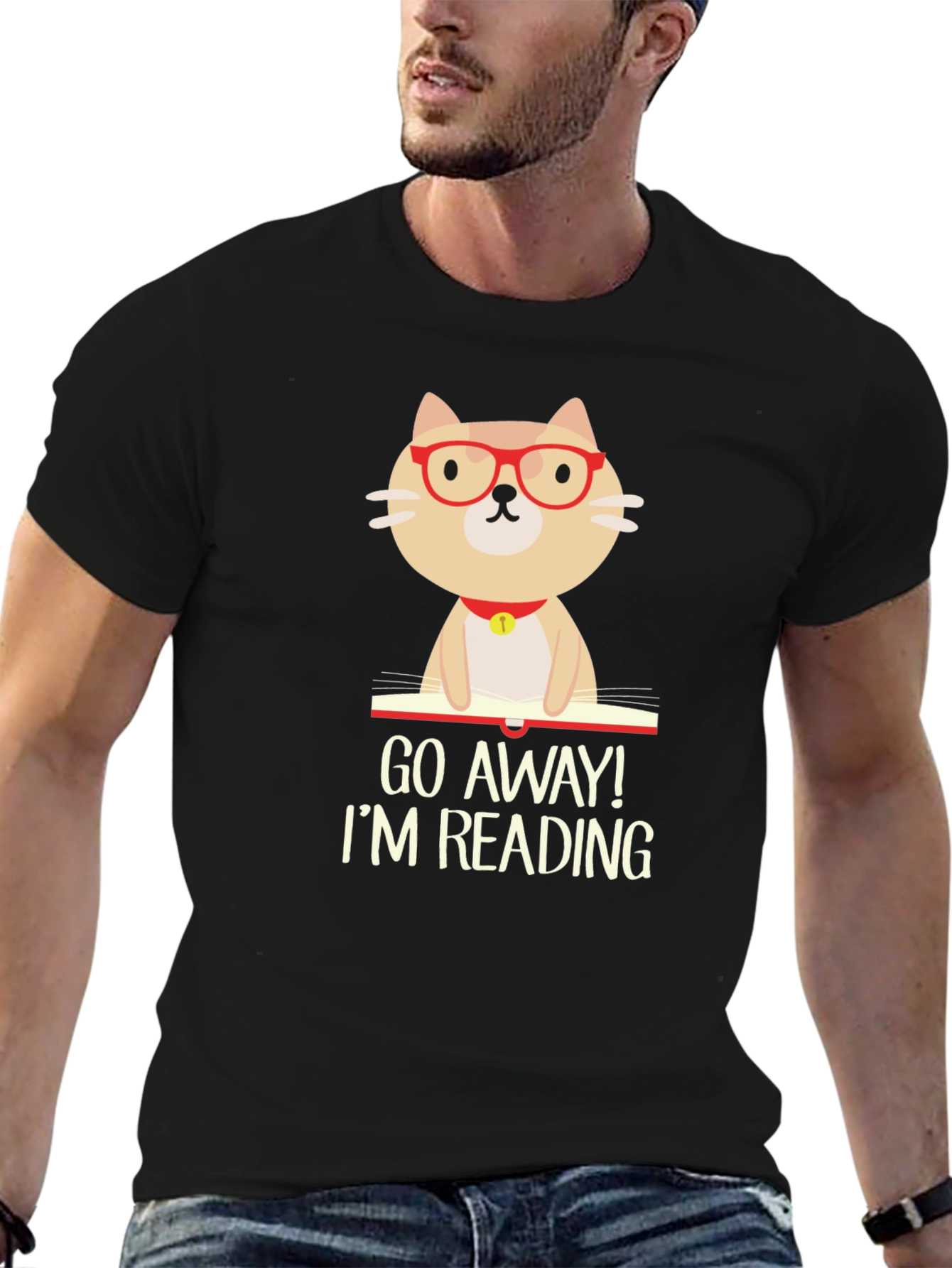 Black Funny Reading Cat Graphic T-Shirt view 6